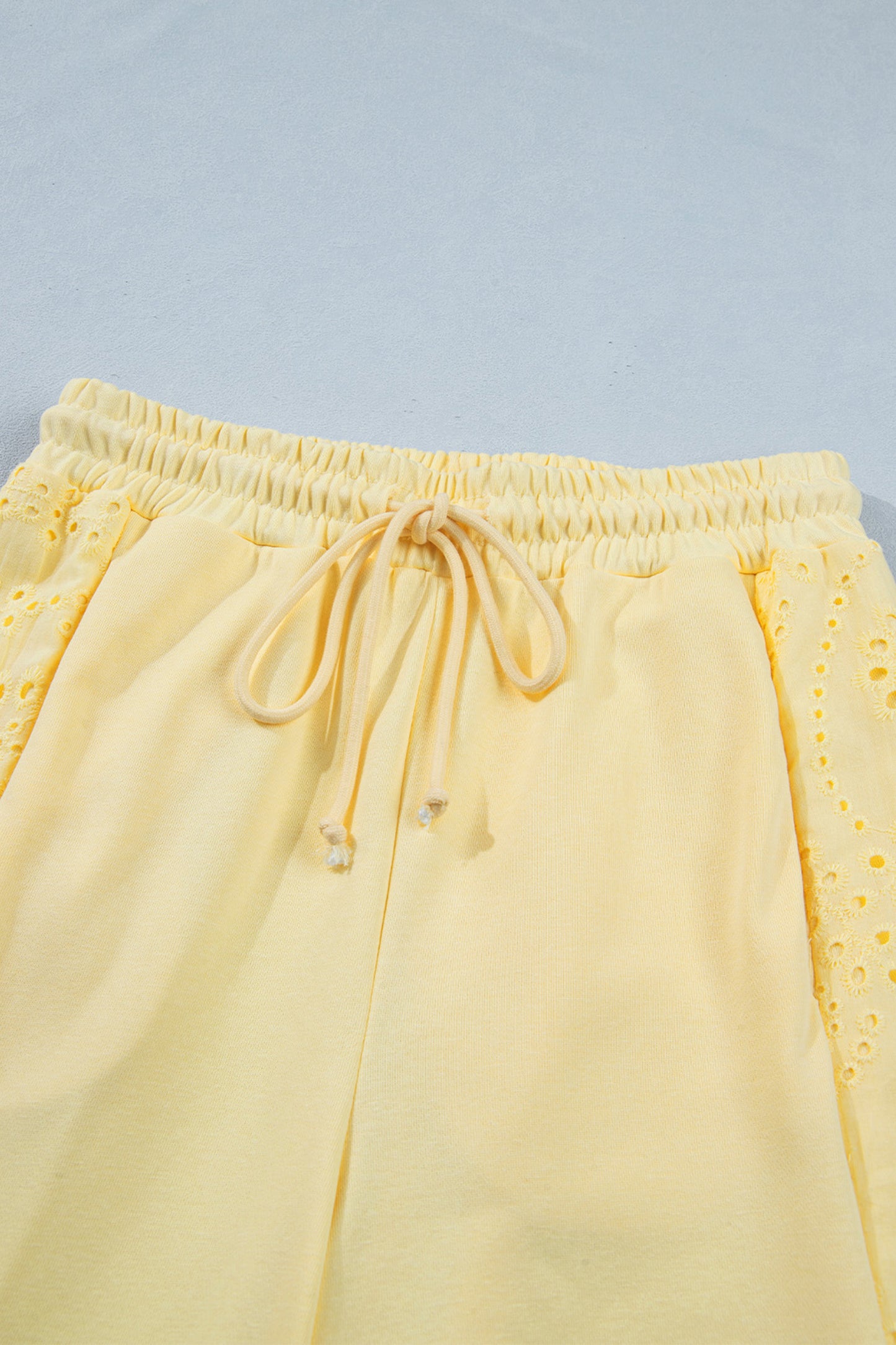 Yellow Cream Lace Patchwork Half Sleeve Top Elastic Waist Pants Two Piece Set