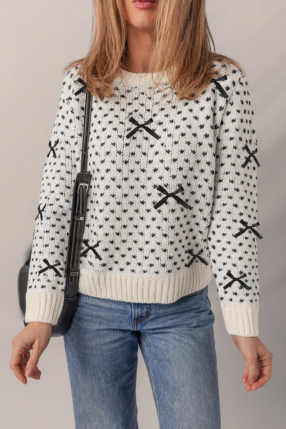 Beige Bow Decor Color Contrast Ribbed Edge Crew Neck Sweater