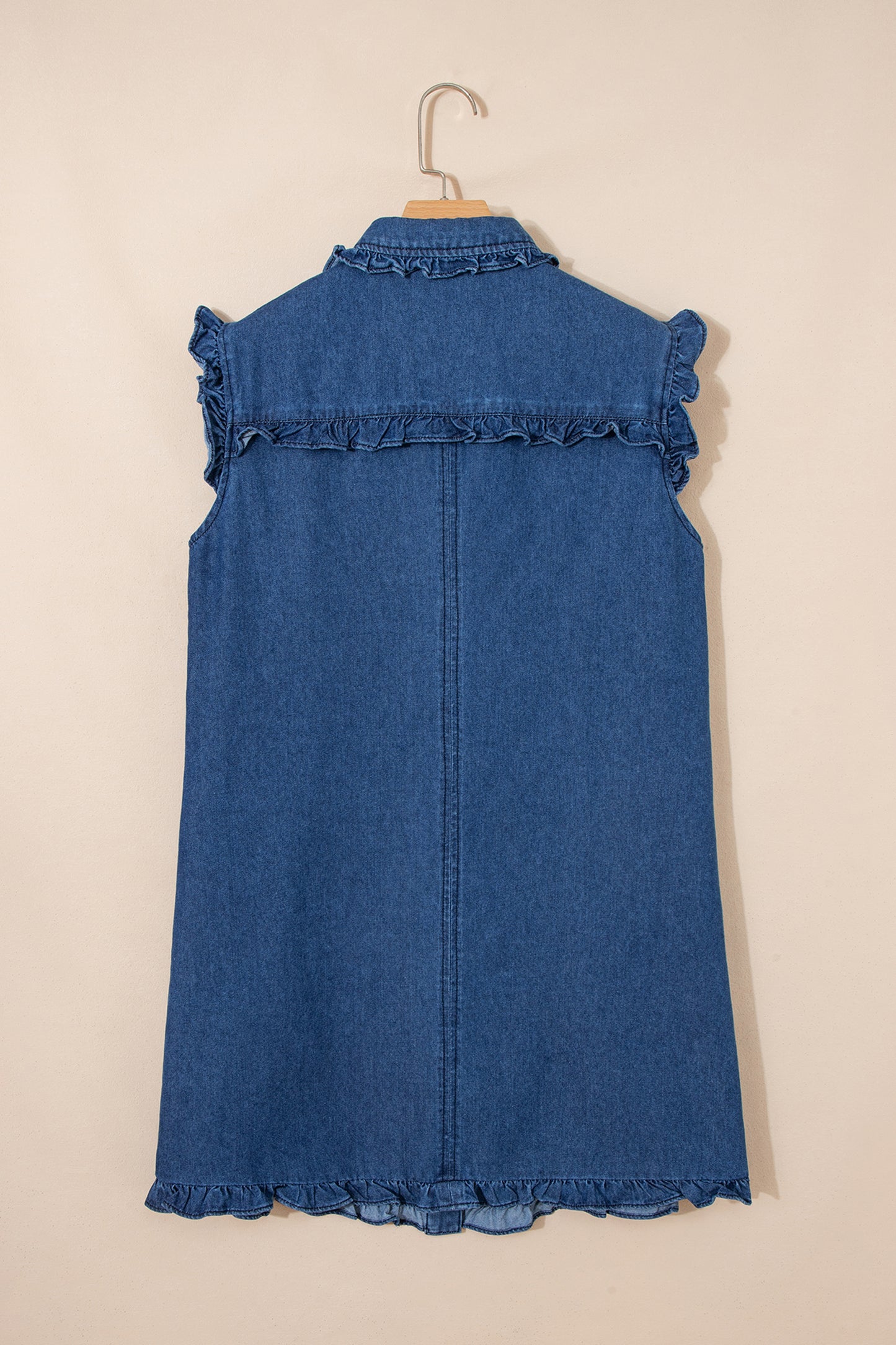 Beau Blue Ruffled Edge Collared Shift Denim Dress with Pockets