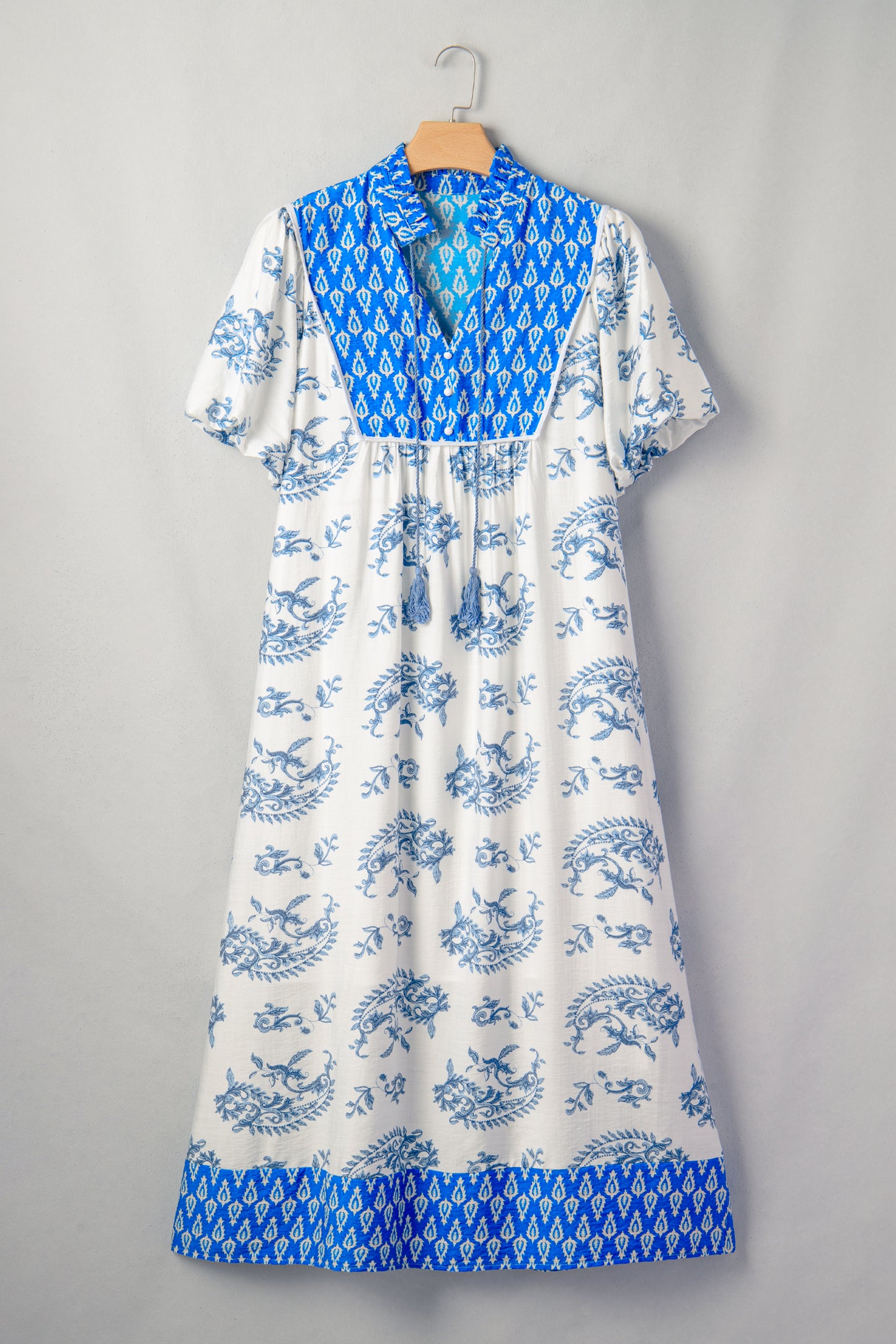 Sky Blue  Plus Size Floral Print Contrast Boho Patchwork V Neck Loose Midi Dress