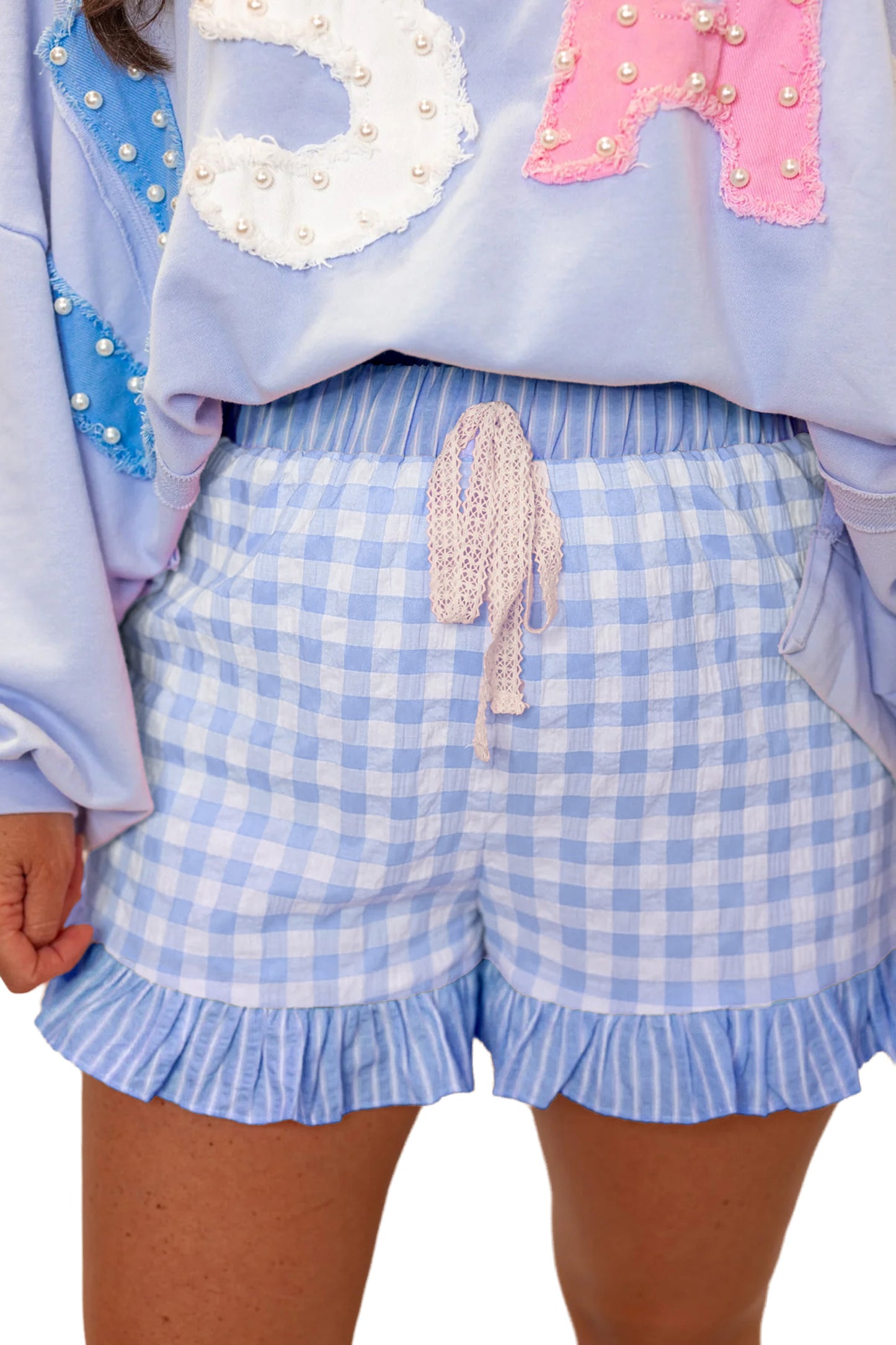 Red Gingham Print Ruffle Striped Detail Lace Tie Shorts