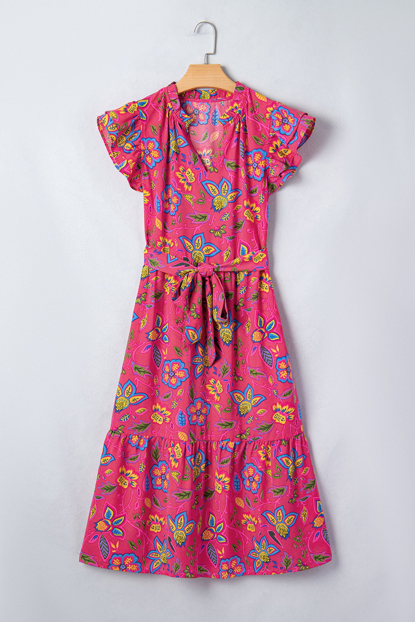 Rose Flutter Sleeve Belted Floral Long Dress