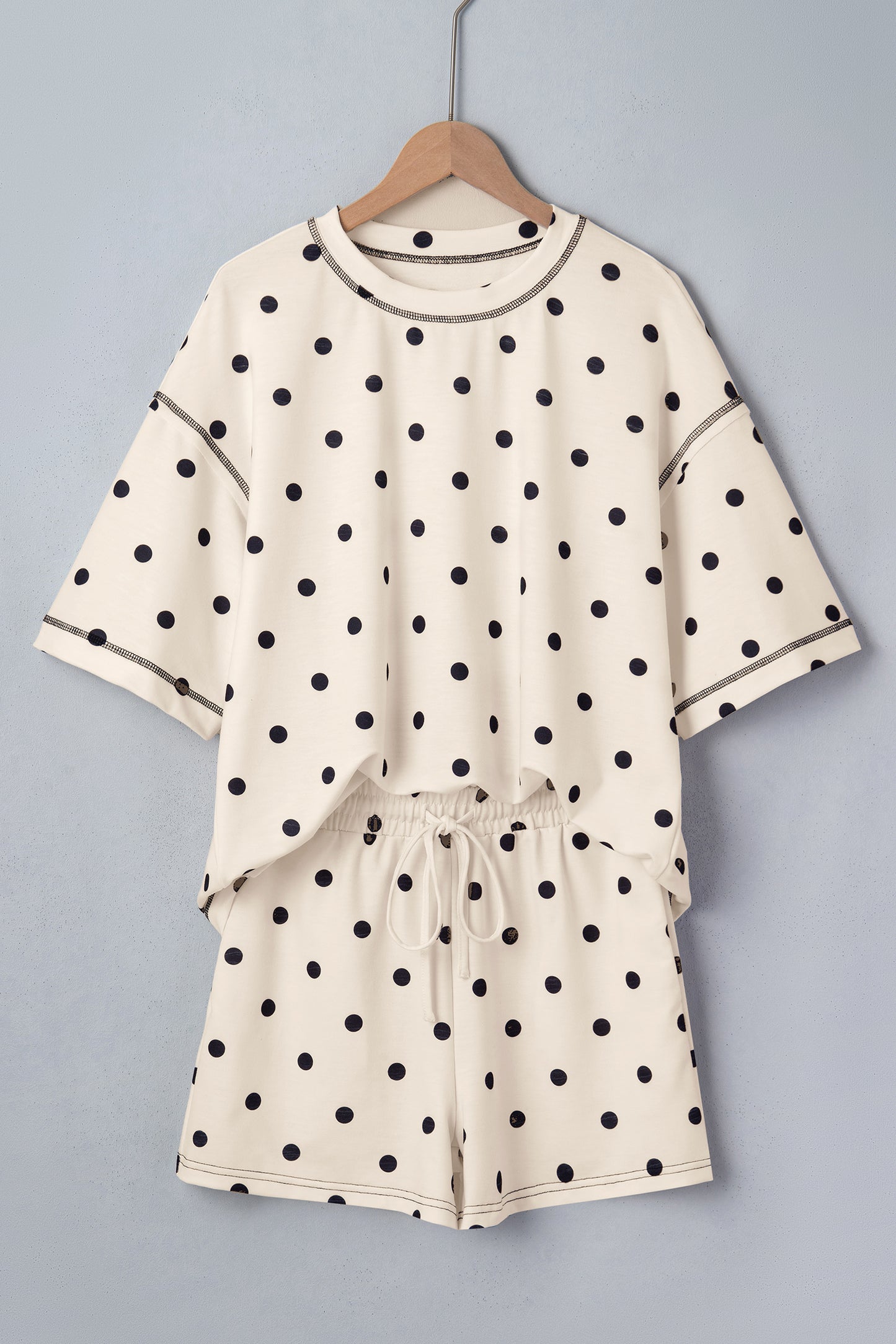 Yellow Exposed Seam Detail Polka Dot Loose Tee Drawstring Shorts Set