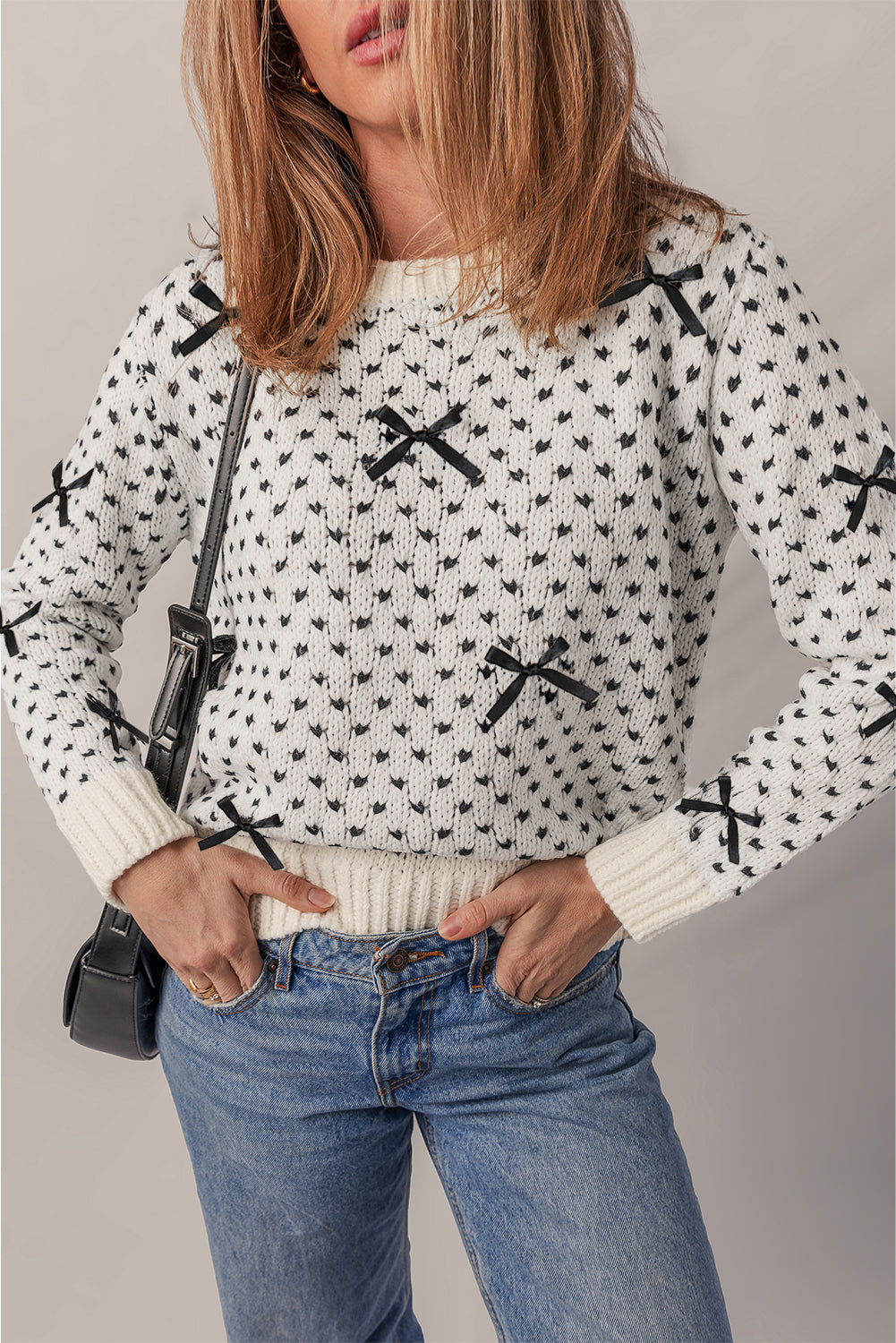 Beige Bow Decor Color Contrast Ribbed Edge Crew Neck Sweater