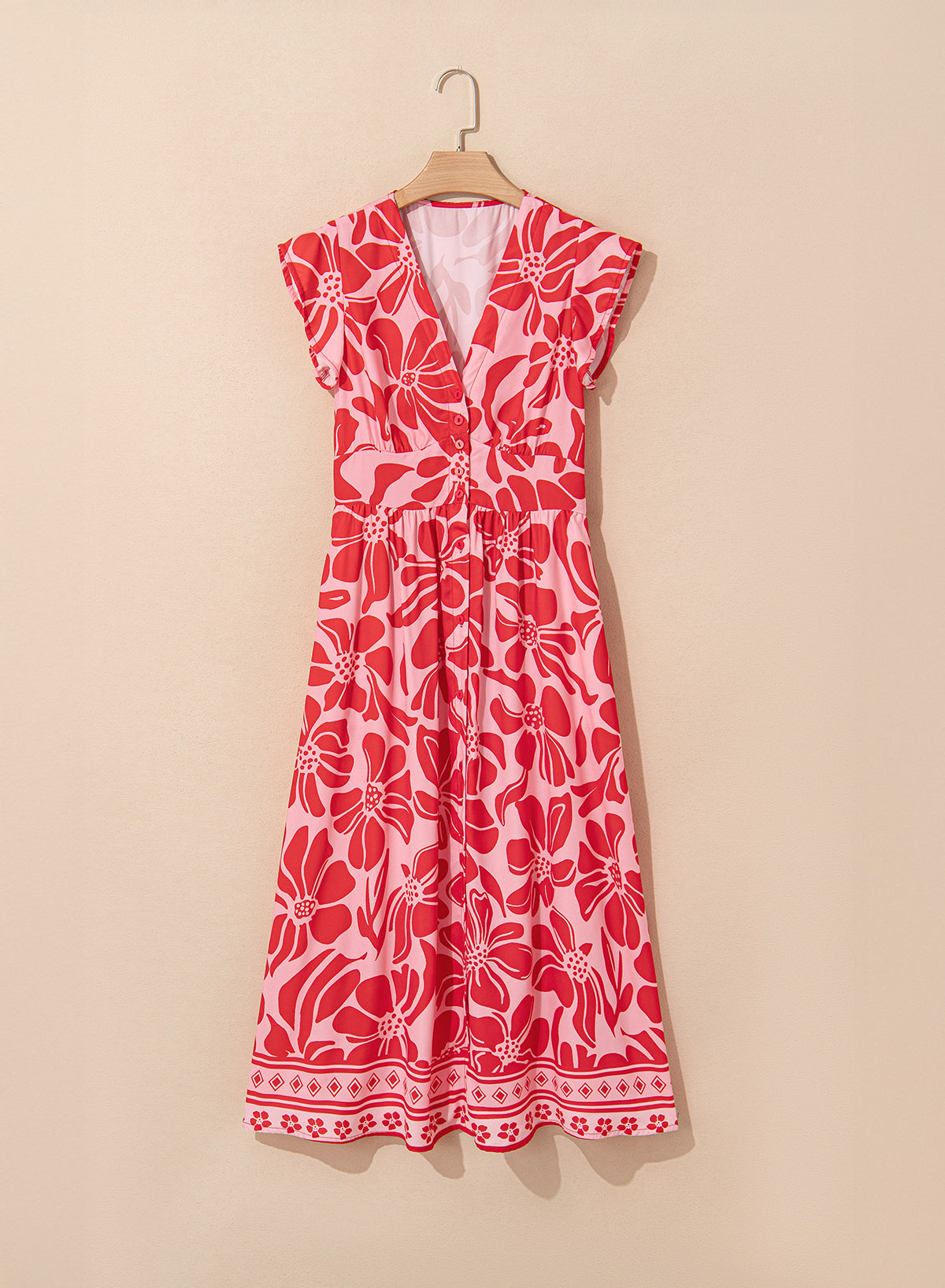 Red Boho Floral Short Sleeve V Neck Buttoned Shirred Waist Long Dress