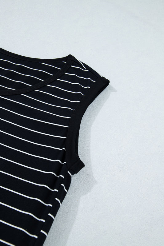 Black Stripe Drawstring Tunic Tank Mini Dress with Pockets