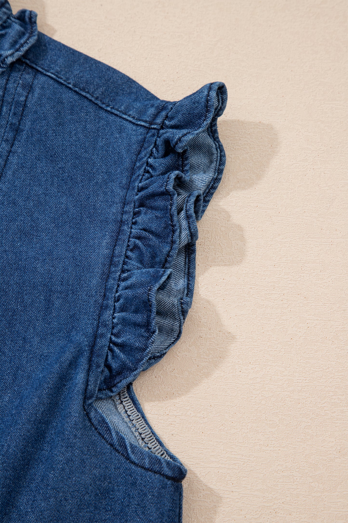 Beau Blue Ruffled Edge Collared Shift Denim Dress with Pockets