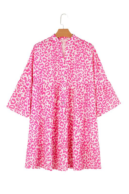 Bright Pink Leopard Print Flounce Sleeve Mini Dress
