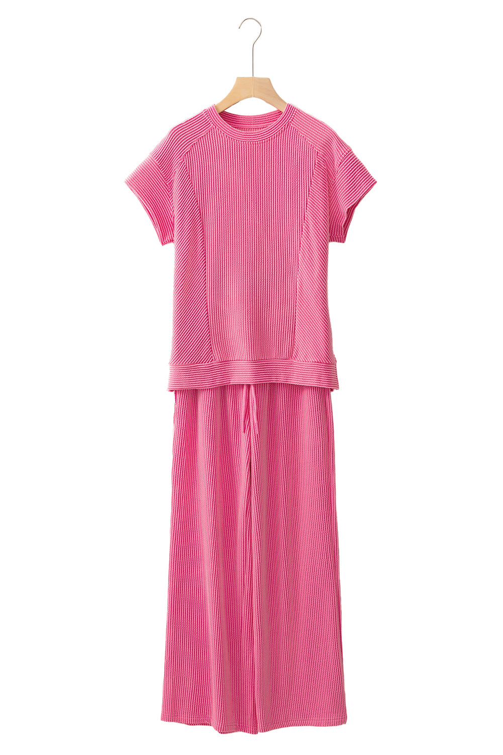 Bright Green Solid Corded T Shirt and Wide Leg Pants Set