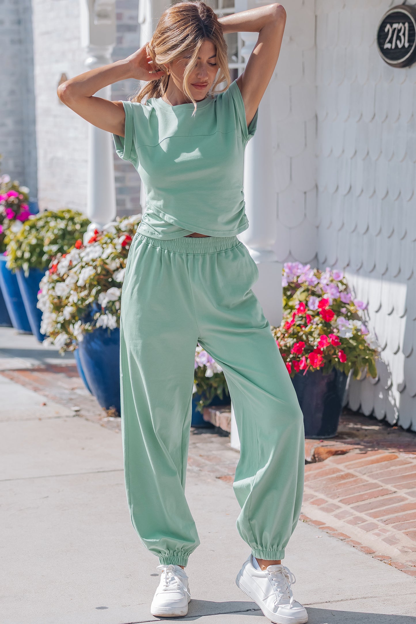 Yellow Cream Solid Color Cropped Tank Top and Jogger Pants Set