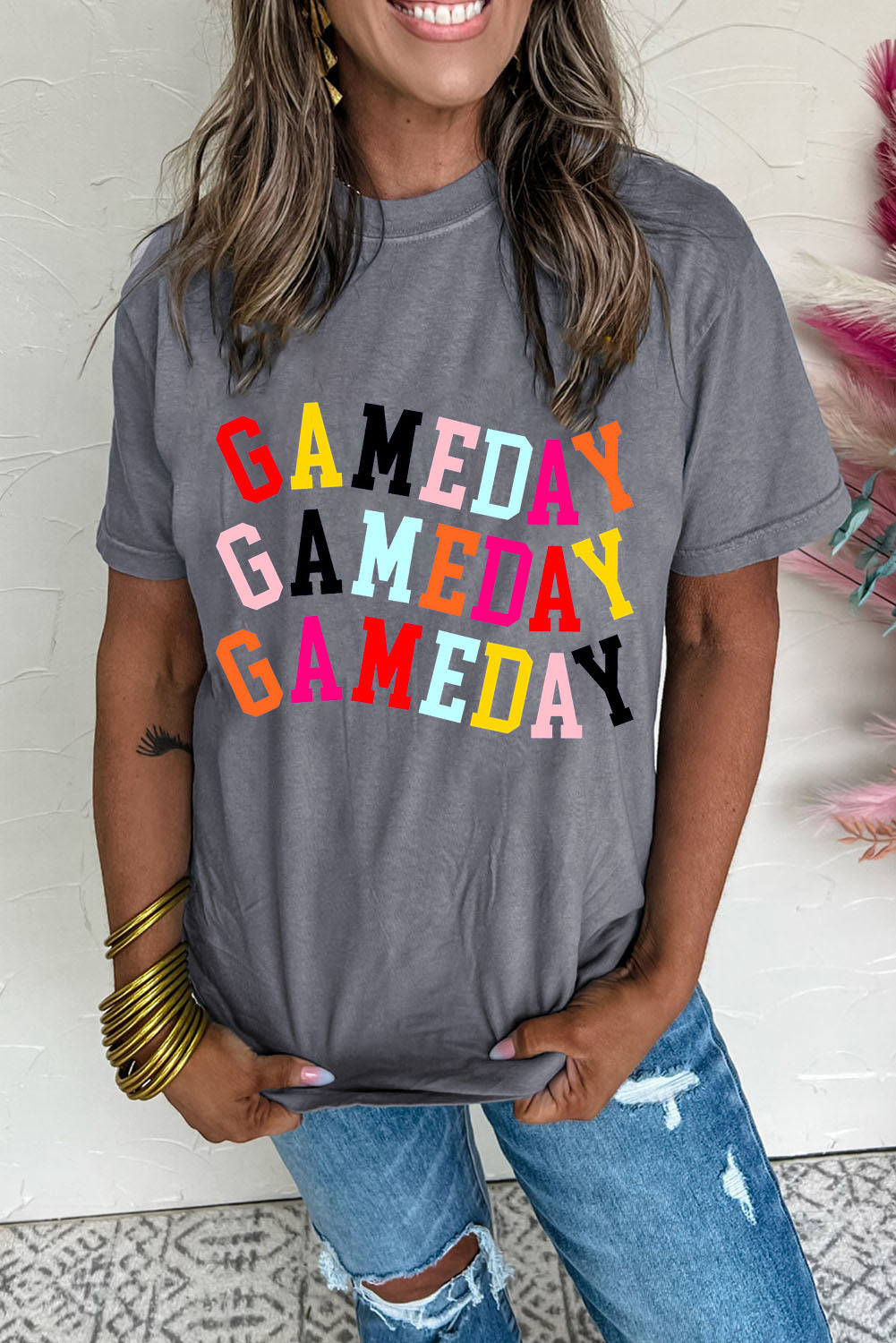 Gray GAMEDAY Letter Heat Transfer Printing Crewneck T Shirt