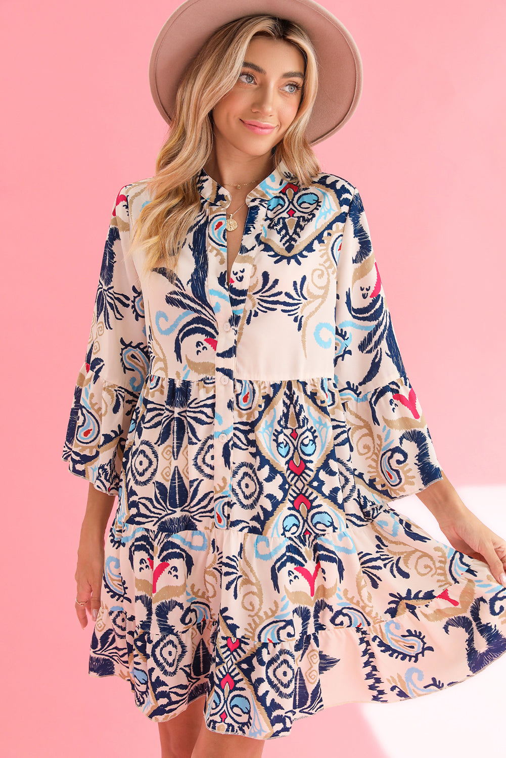 Sky Blue Ethnic Print Boho Tiered Mini Dress