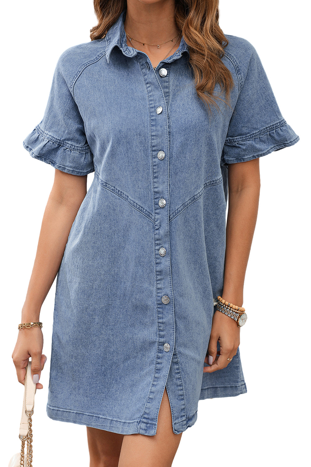 Dark Blue Short Sleeve Button Up Loose Denim Shirt Dress