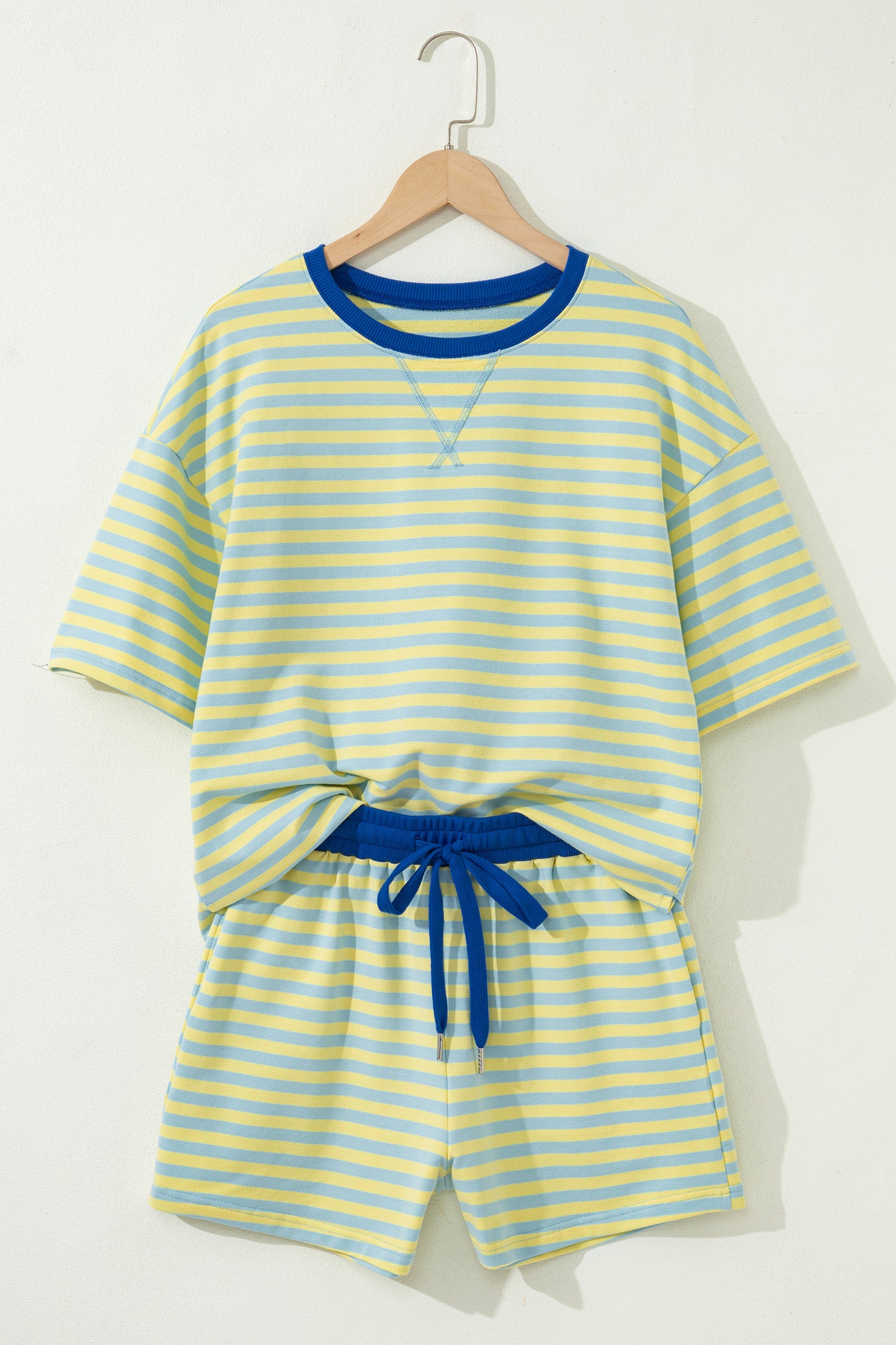 Yellow Stripe Drop Shoulder Boxy Casual Terry Short Set