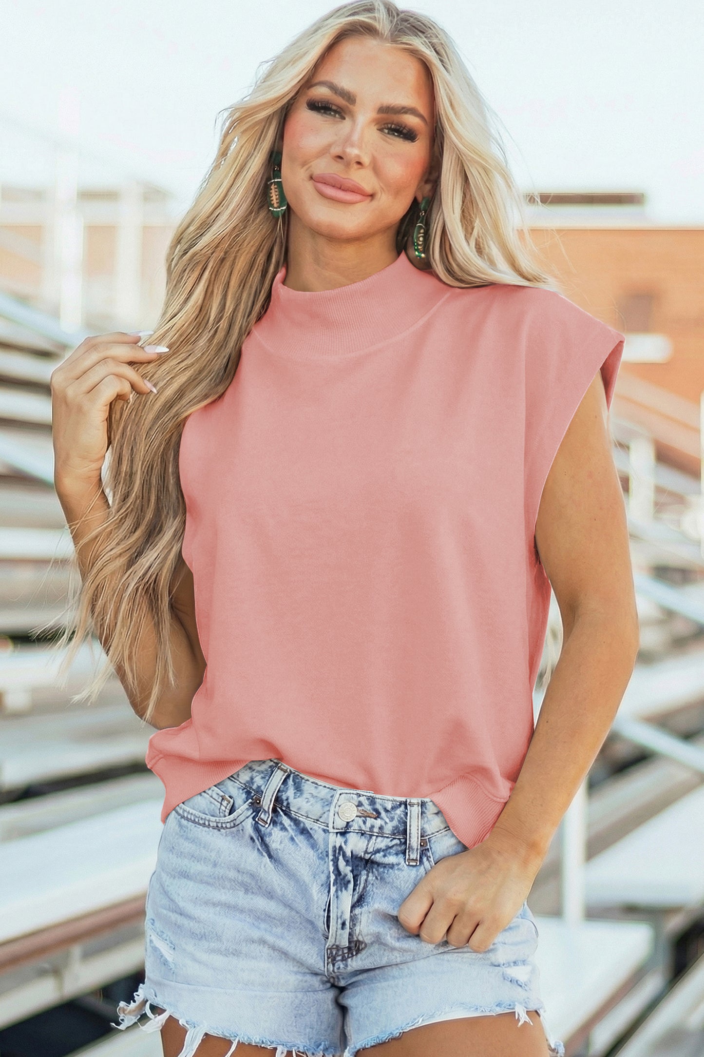 White Solid Color High Neck Cap Sleeve Loose Top