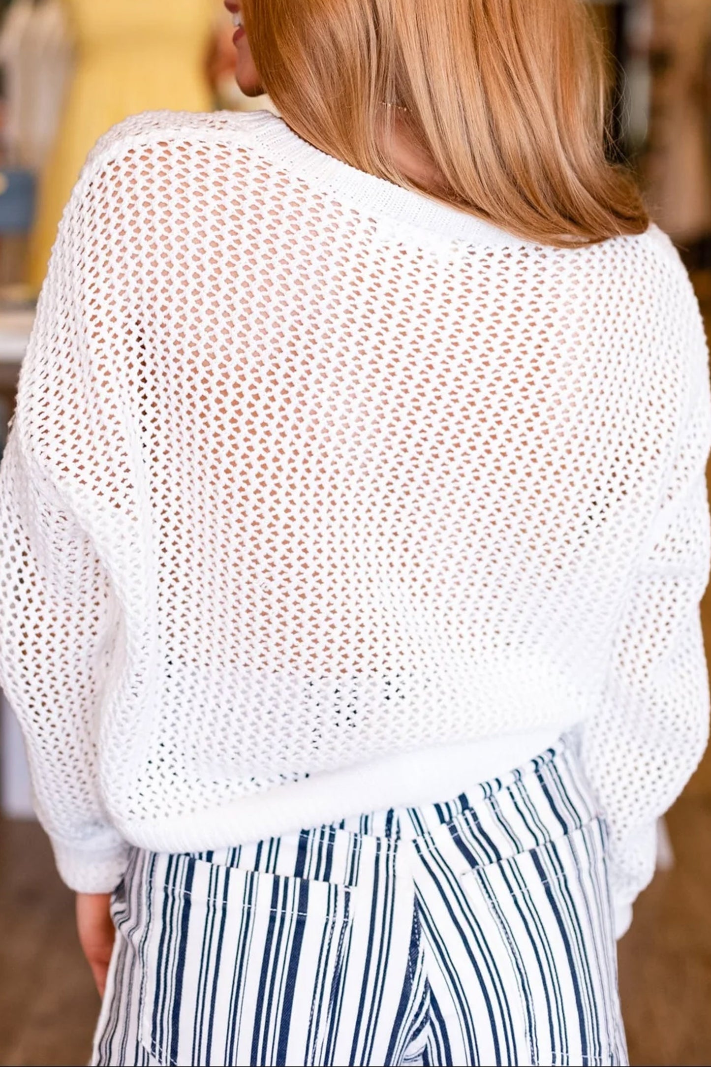 White Chenille BEACH Lettering Hollow Out Knit Casual Sweater