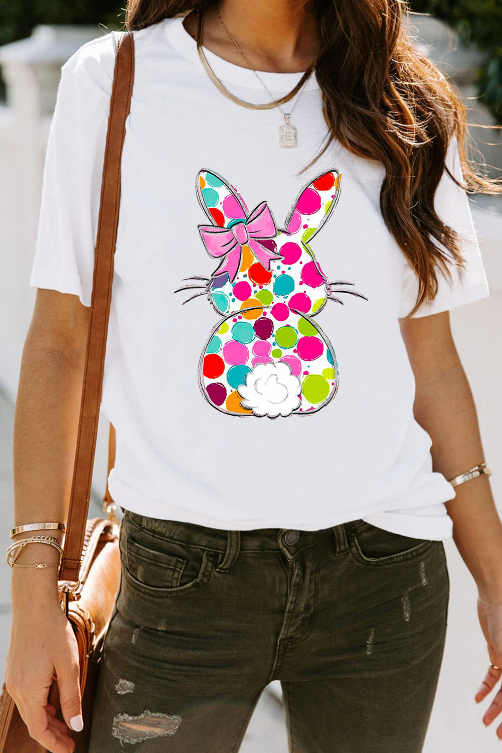 White Polka Dot Bow Rabbit Heat Transfer Printing Graphic Crewneck Easter Tee