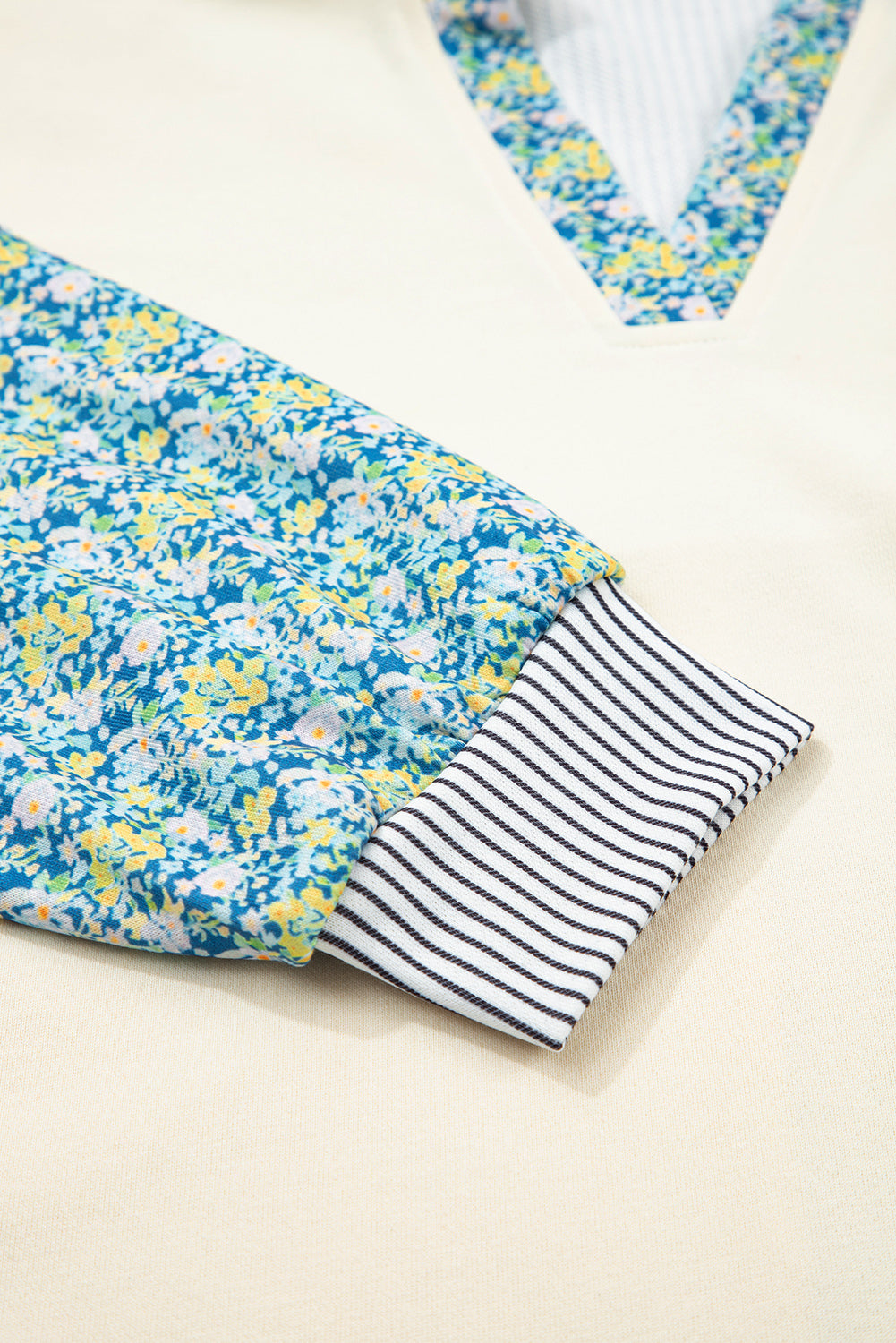 Beige Floral Striped Patchwork Drop Sleeve Boxy Fit Sweatshirt