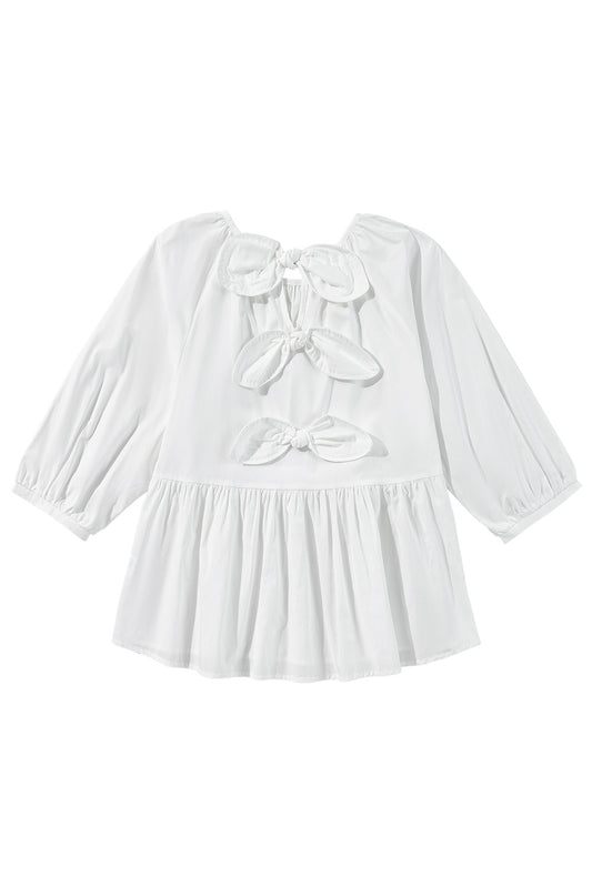 White Bow Knot Cutout Back Loose Fit 3/4 Sleeve Blouse