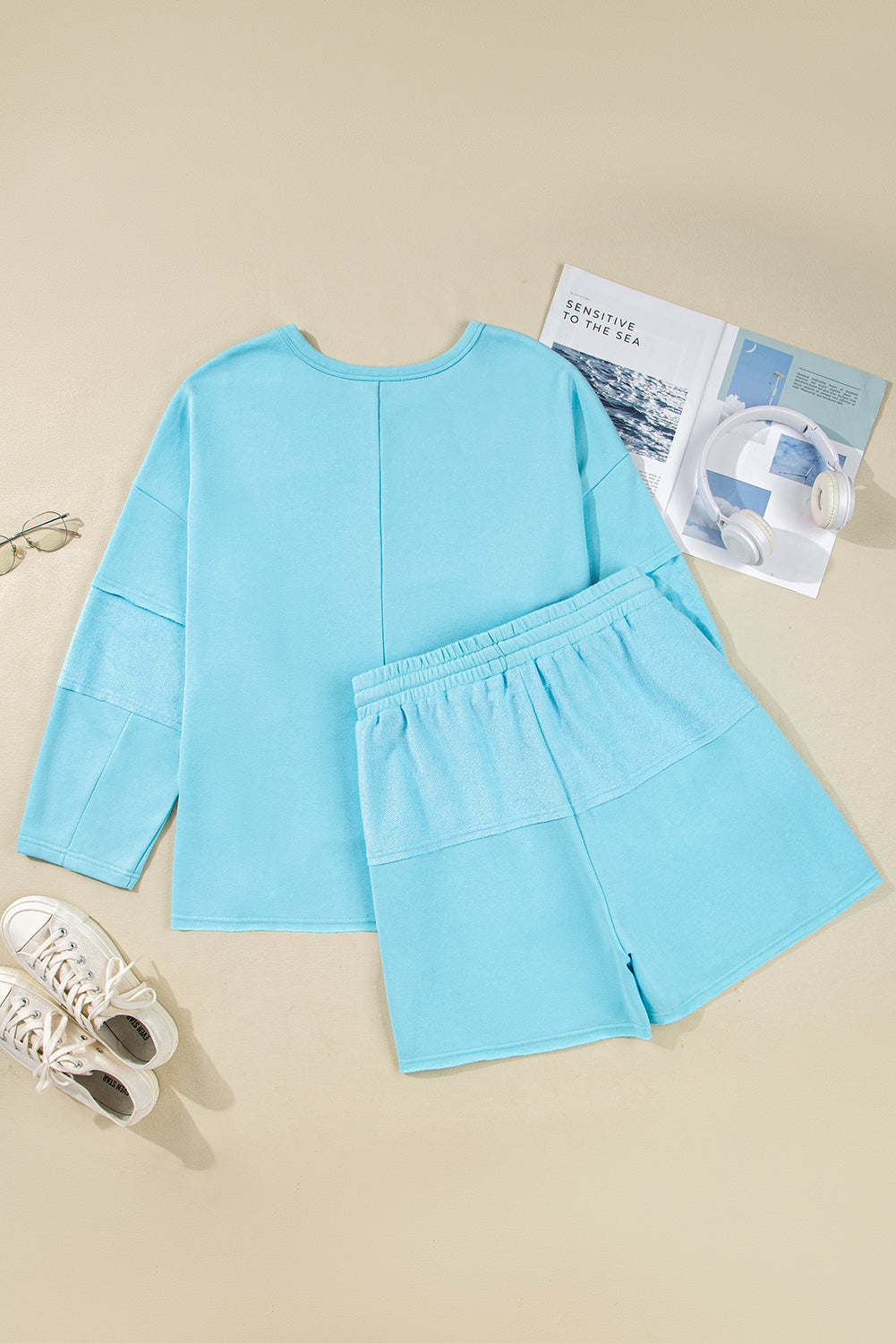 Aruba Blue Solid Color Pullover Top Plus Size Raw Hem Shorts Set