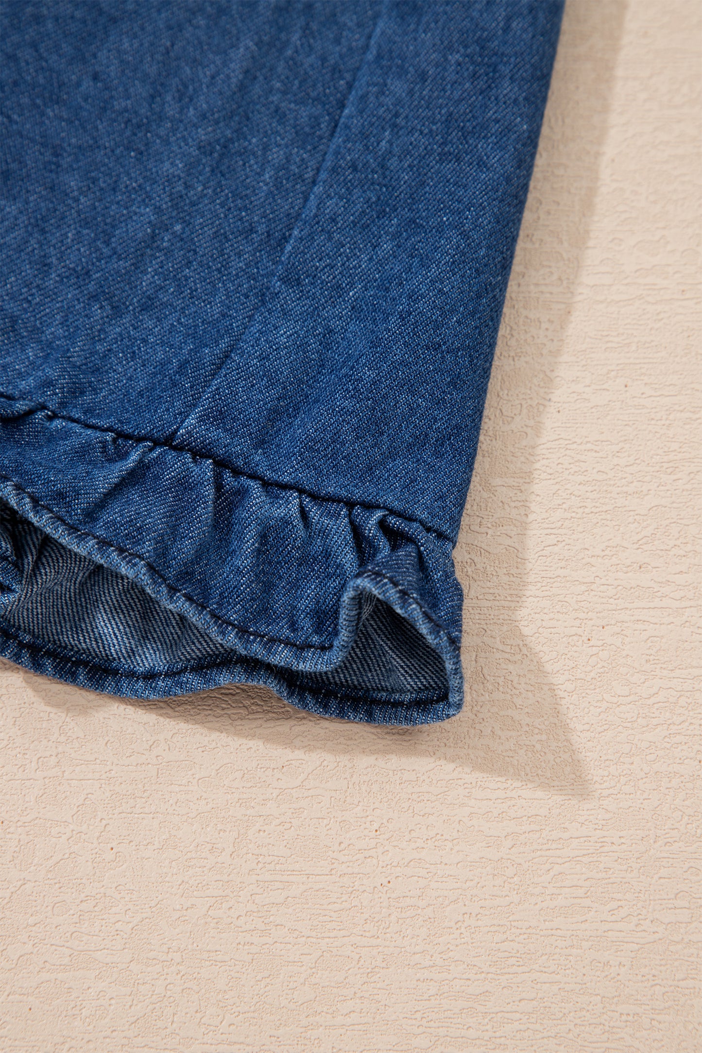 Beau Blue Ruffled Edge Collared Shift Denim Dress with Pockets
