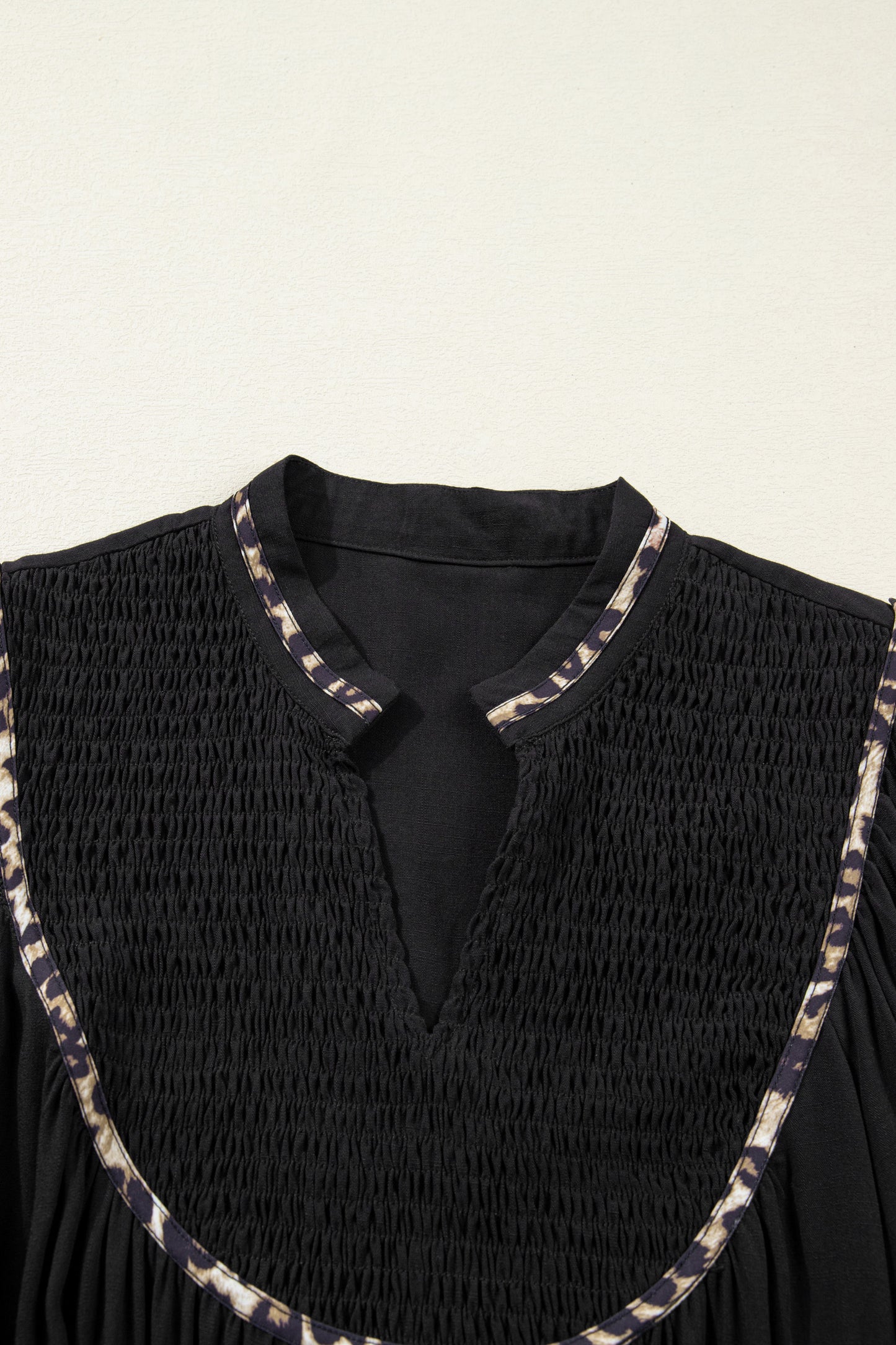 Black Contrast Leopard Trim Split Neck Long Sleeve Casual Midi Dress