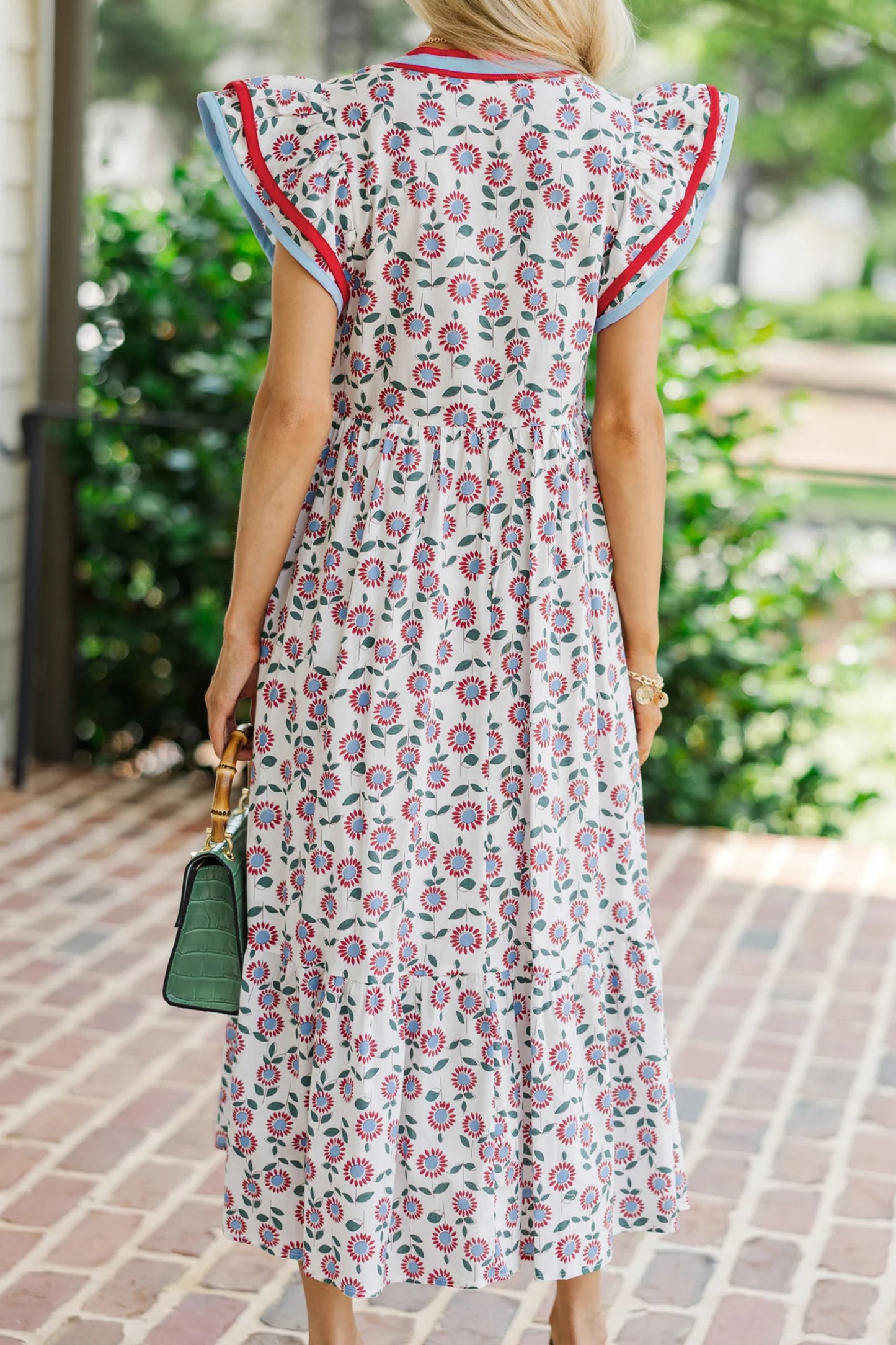 Red Cute Sunflower Printed Striped Patchwork Trim Flutter Sleeve Long Dress