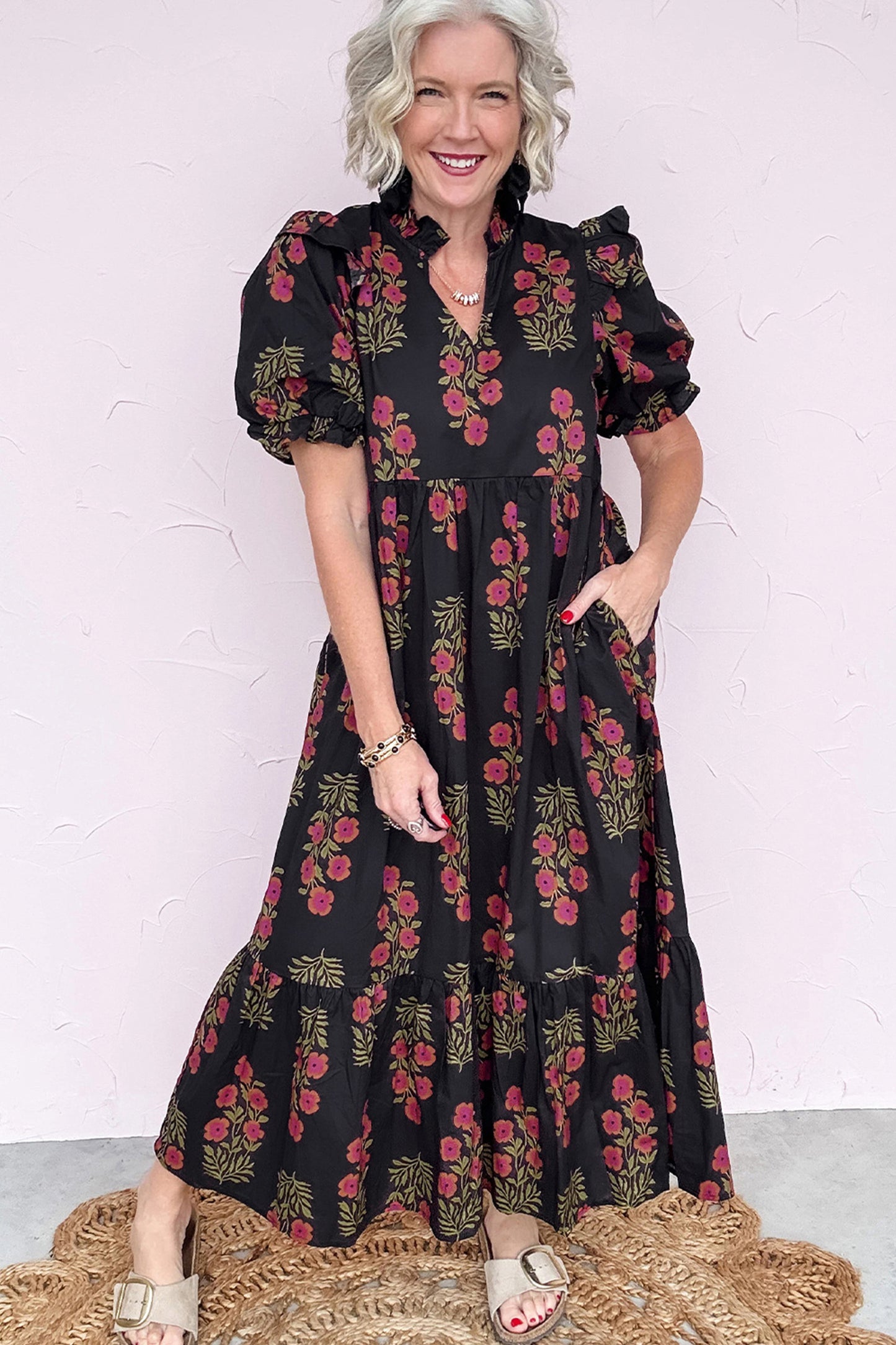 Black Floral Short Bubble Sleeve Tiered Maxi Dress