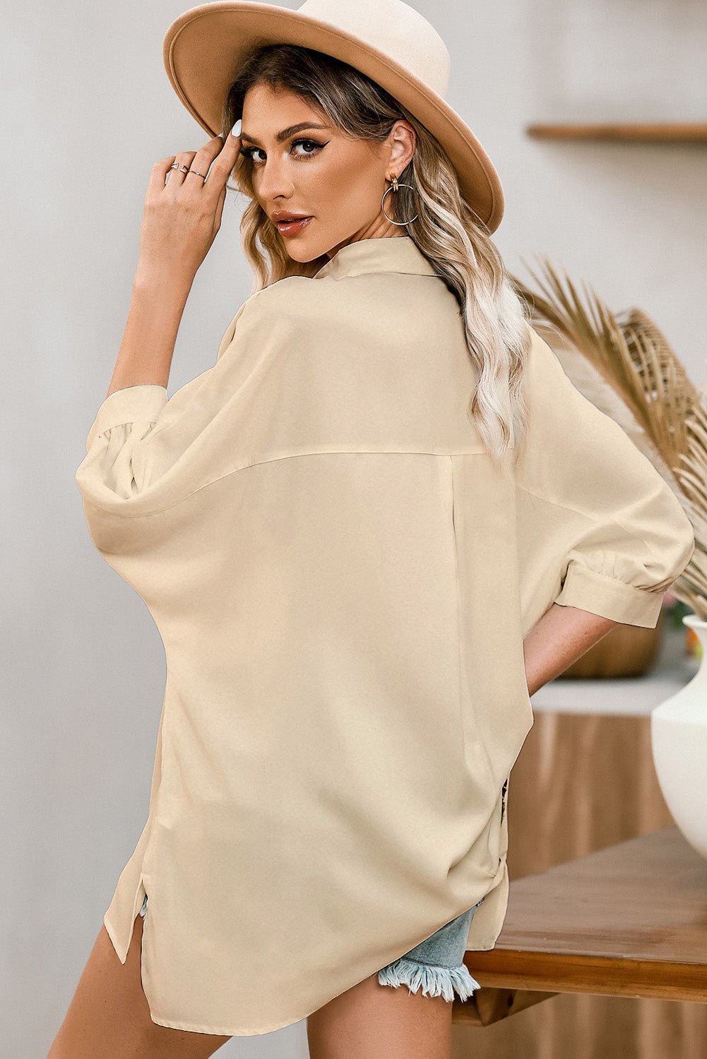 White Plain 3/4 Batwing Sleeve Oversize Button Up Blouse