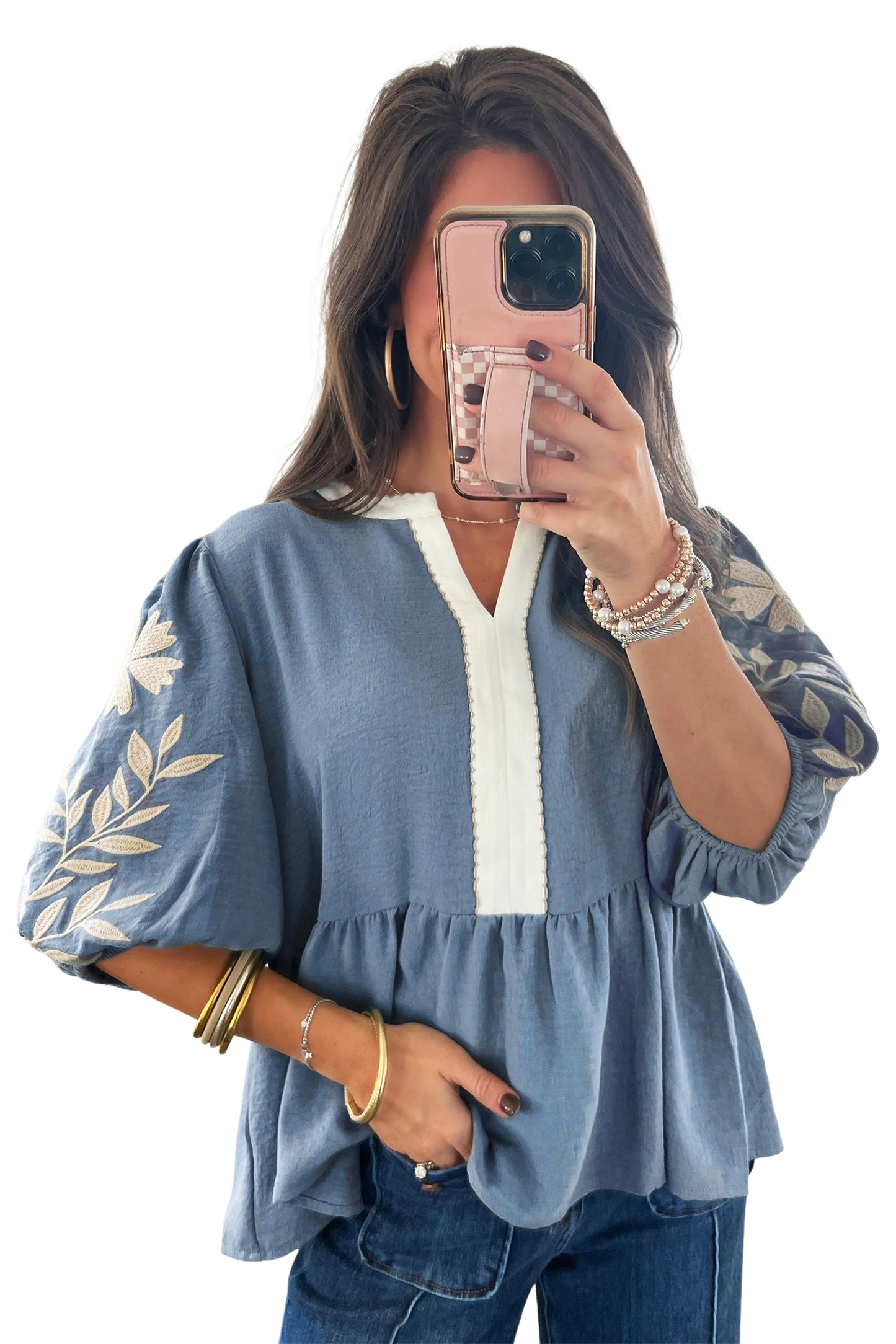 Smoke Green Color Block Patchwork V Neck Embroidered Puff Sleeve Babydoll Blouse