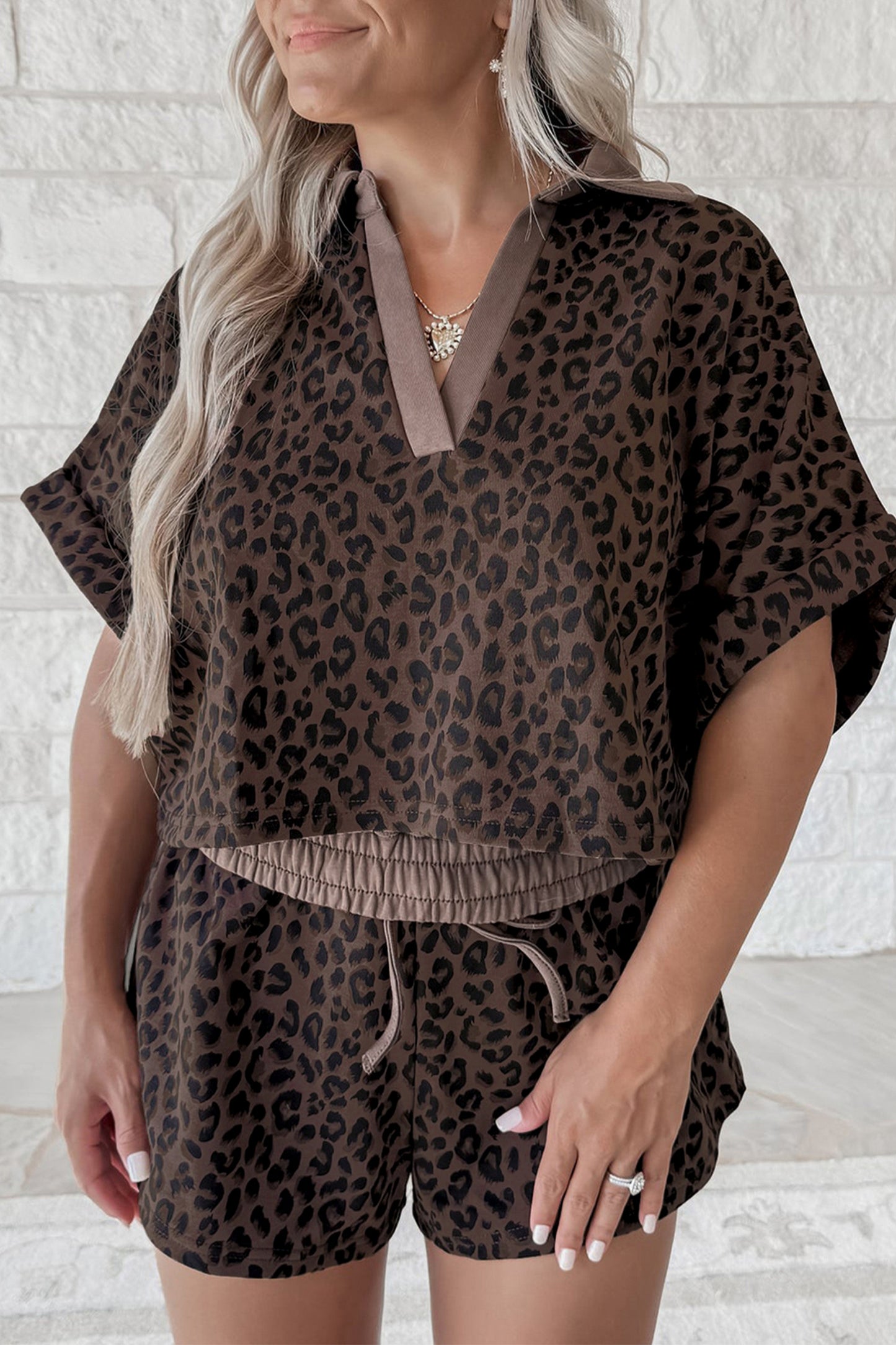 Khaki V Neck Collar Leopard Printed 2pcs Short Set