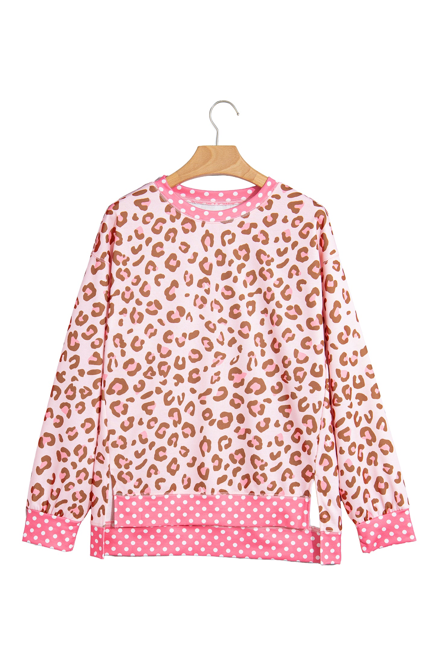 Khaki Leopard Polka Dot Colorblock Trim Long Sleeve Top