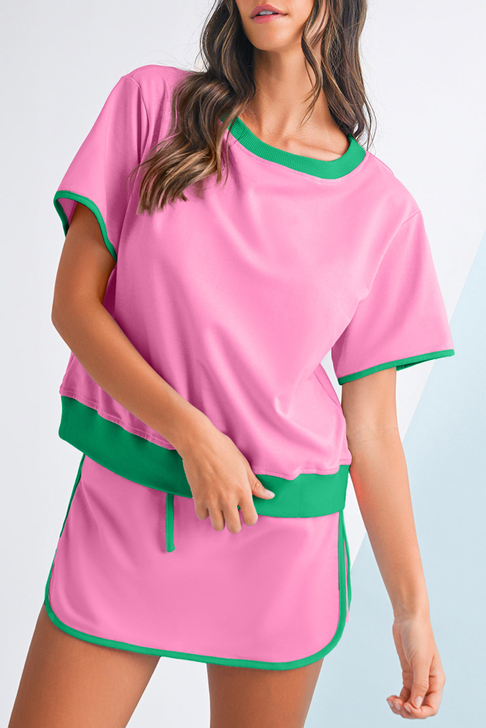 Moonlight Jade Colorblock Edge Drop Shoulder T Shirt and Skort 2Pcs Set