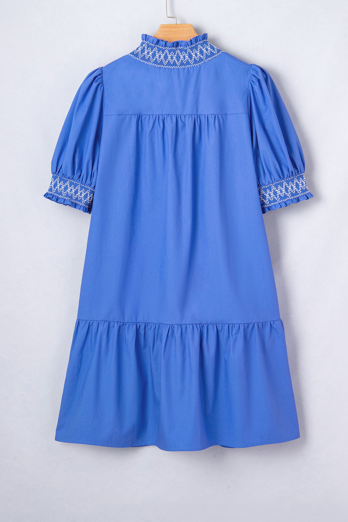Sky Blue Embroidered Smocked Detail V Neck Short Puff Sleeve Mini Dress