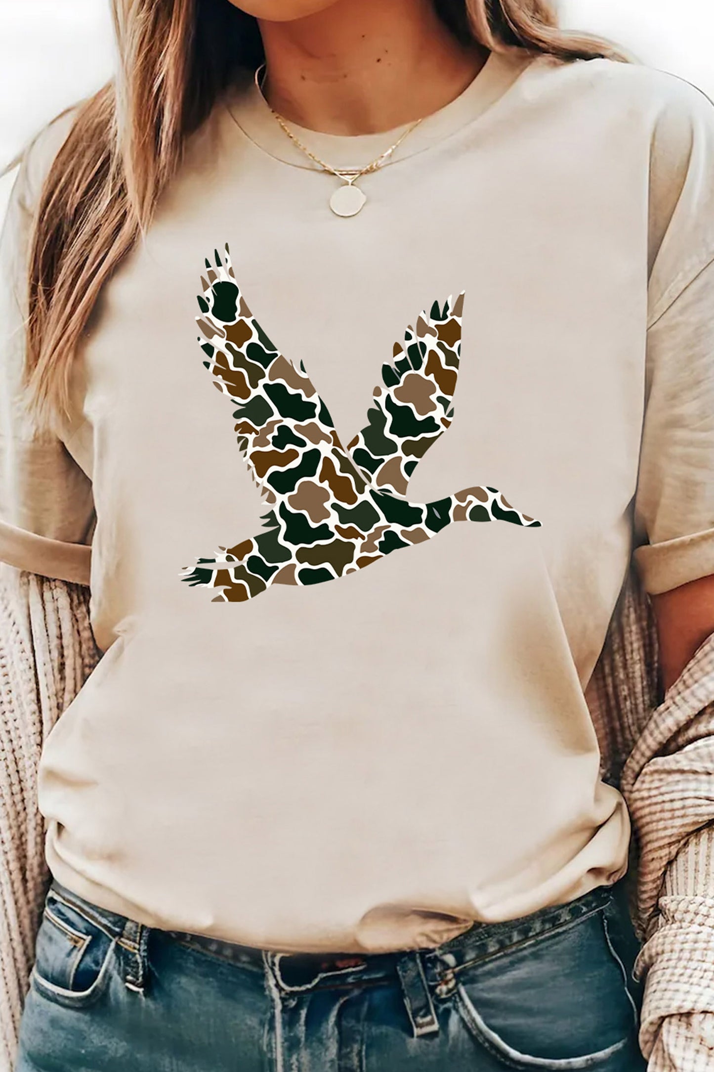 Khaki Camo Flying Mallard Print Summer Casual Tee