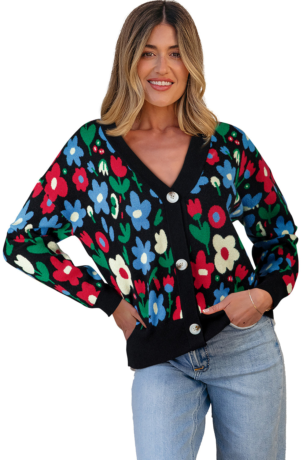 Black Vibrant Floral V Neck Knit Cardigan