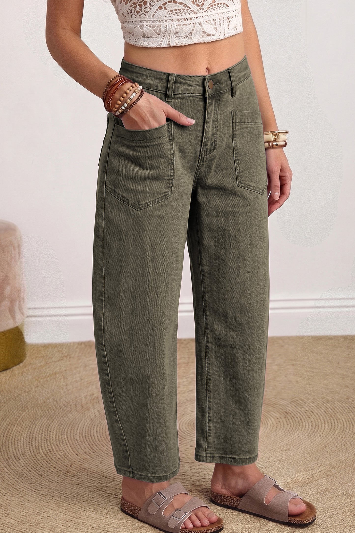Coffee Solid Color Square Patch Pocket Ankle-length Barrel Jeans