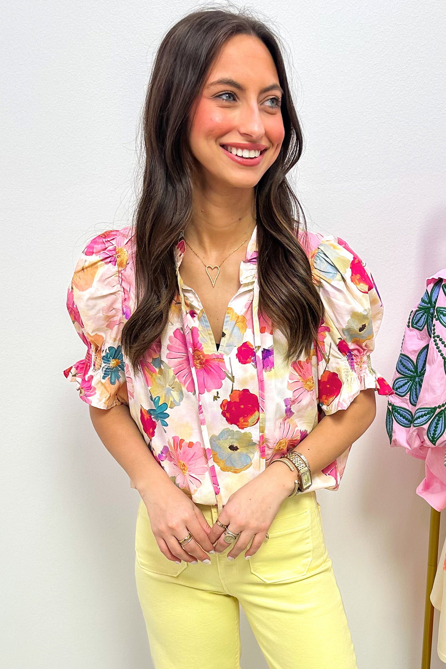 Beige Vibrant Summer Floral Tie V Neck Short Puff Sleeve Blouse