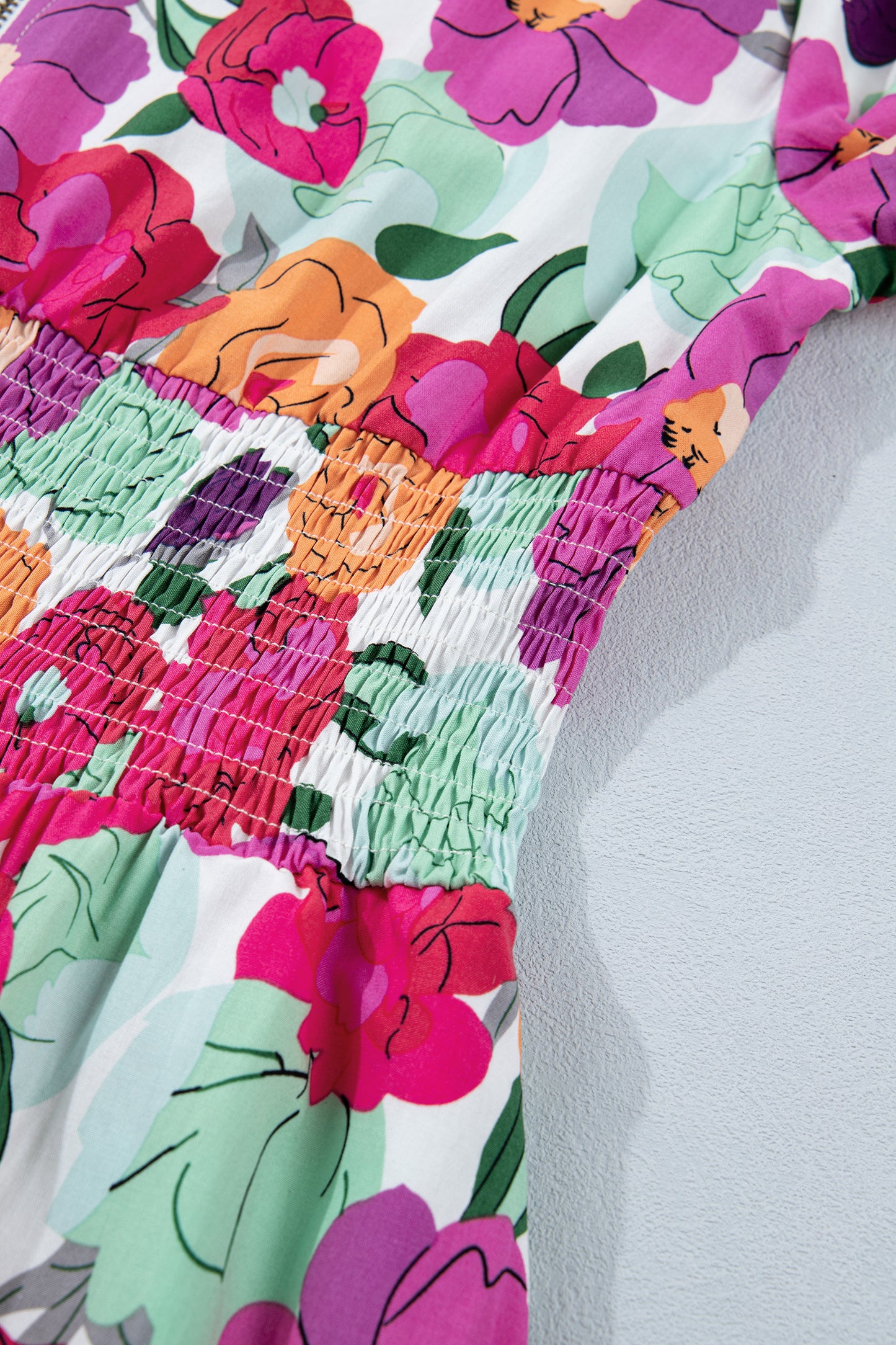 Rose Vibrant Floral Print V Neck Zip Up Puffy Half Sleeve Dress