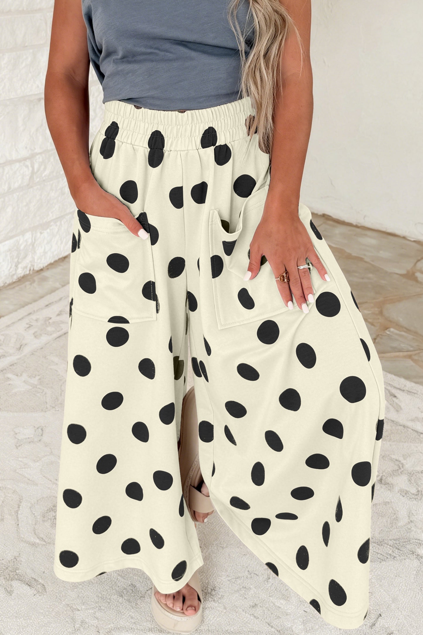 Khaki Polka Dot Wide Leg Elastic Waist Casual Pants