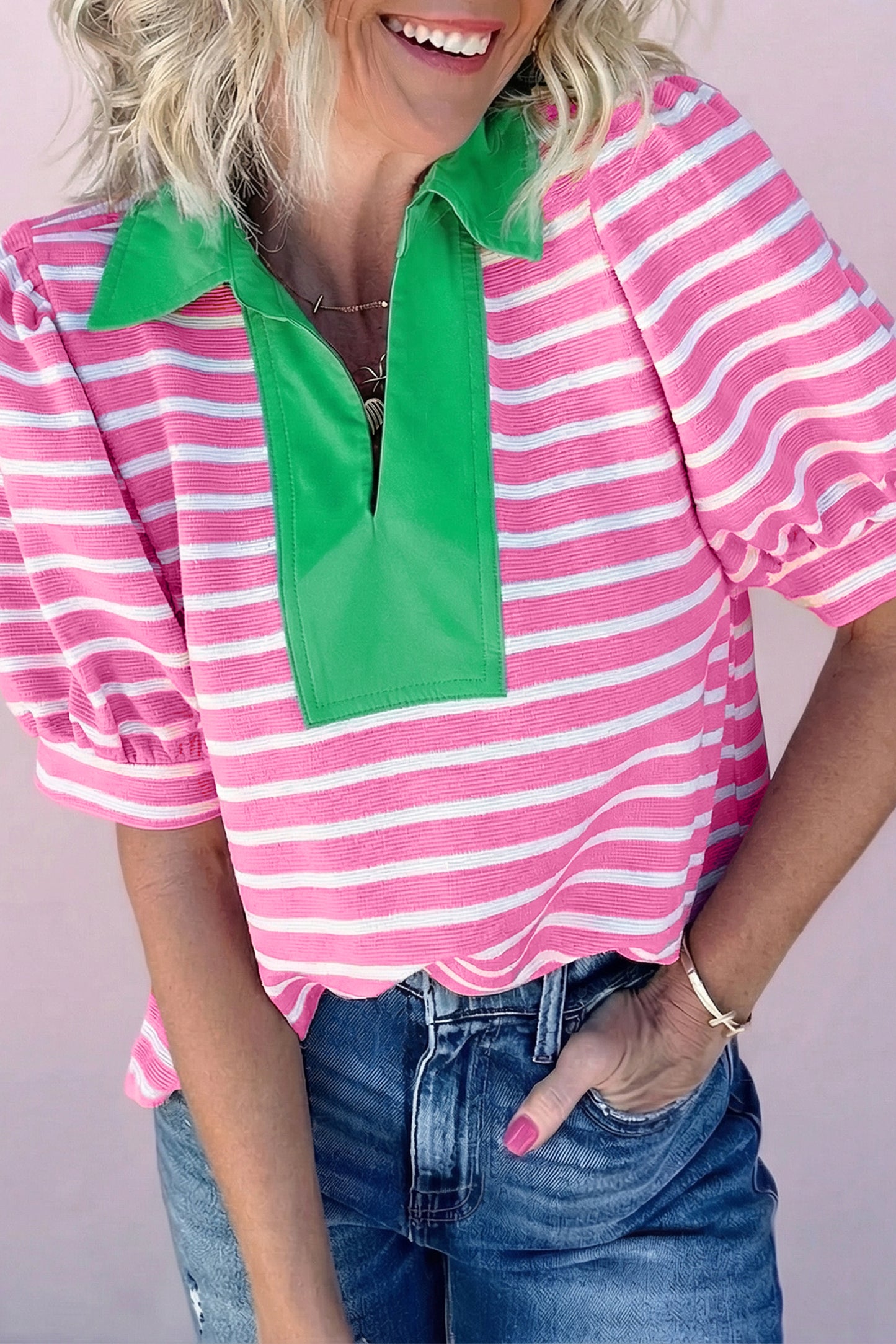 Blue Stripe Short Puff Sleeve Color Block Polo Collar Blouse