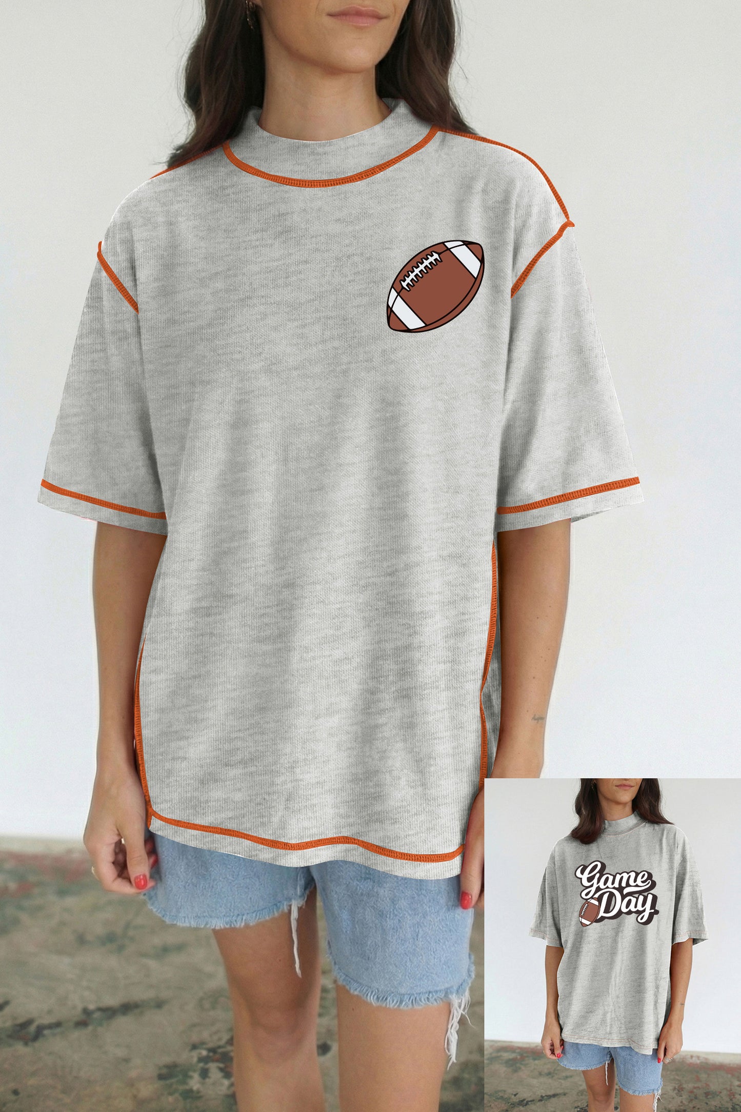 Light Grey Rugby/ Game Day Double Side Printed Mock Neck Stitched T Shirt