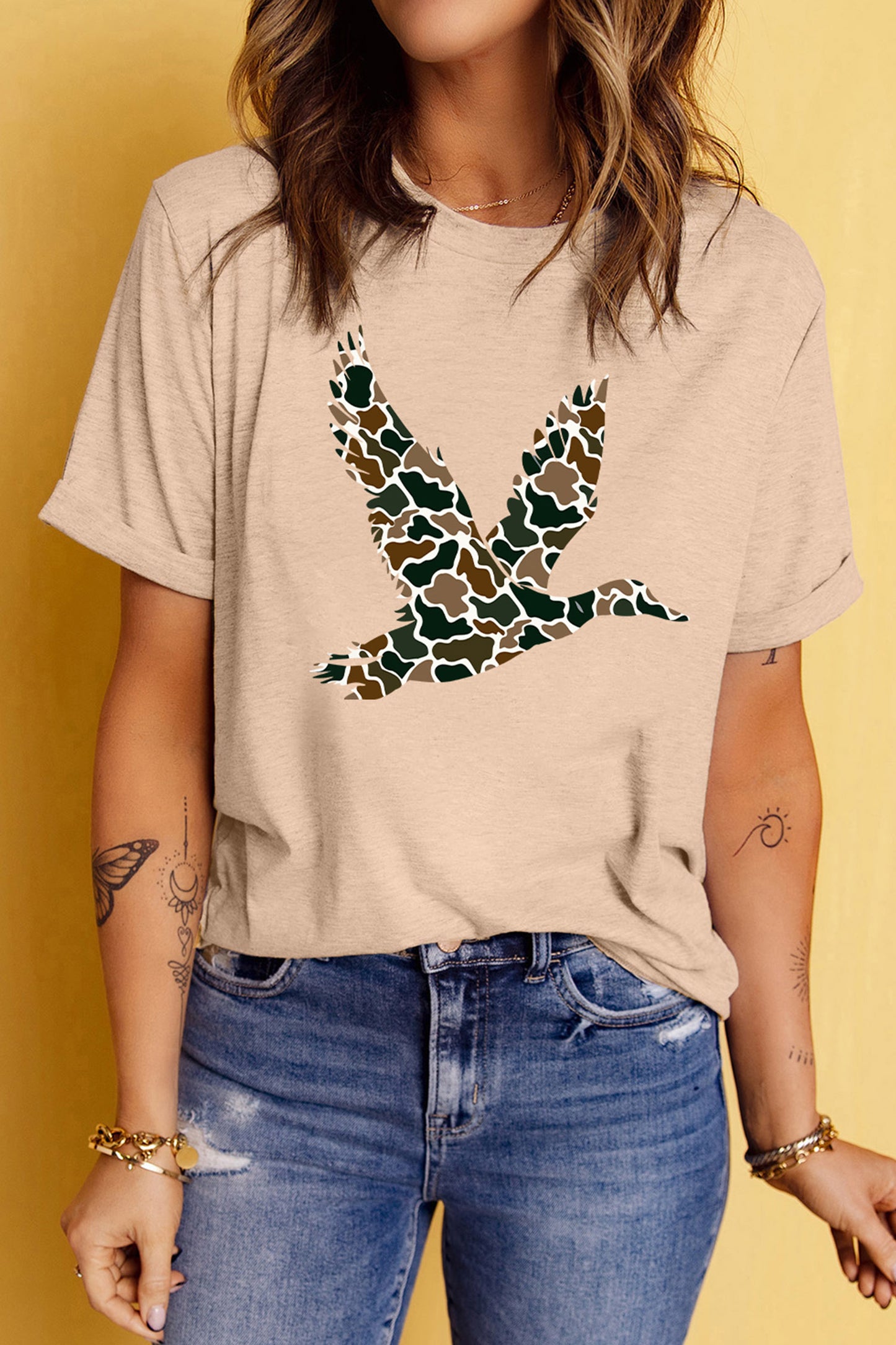 Khaki Camo Flying Mallard Print Summer Casual Tee