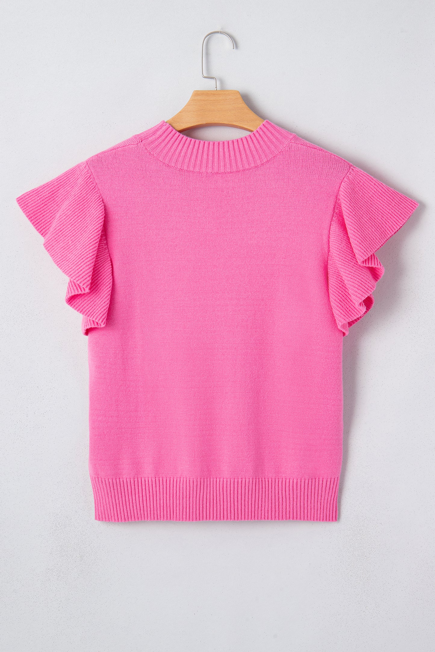 Sachet Pink Solid Color Ribbed Trim Round Neck Ruffle Short Sleeve Sweater