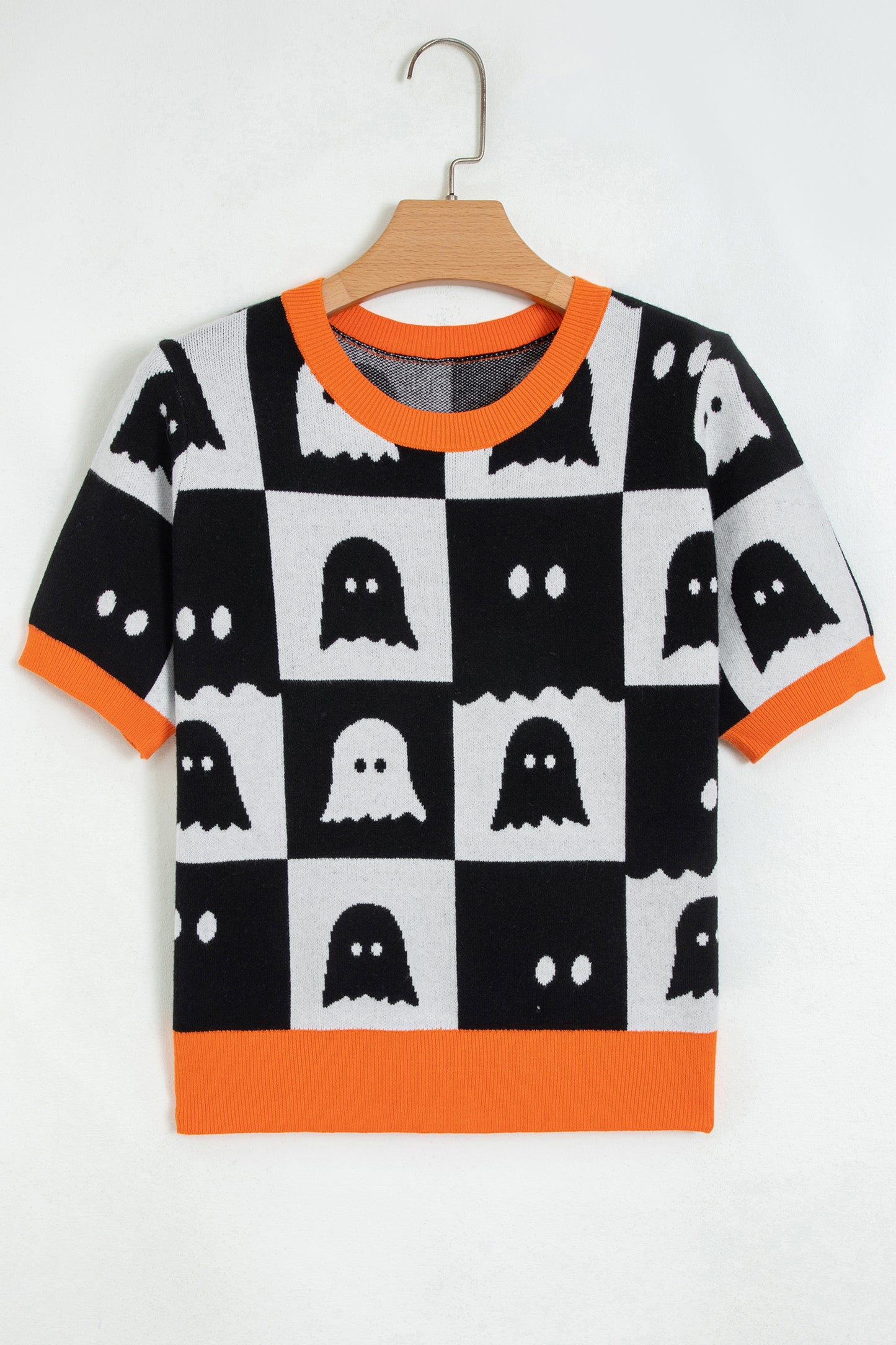 White Geometric Ghost Color Block Trim Short Sleeve Knit Sweater