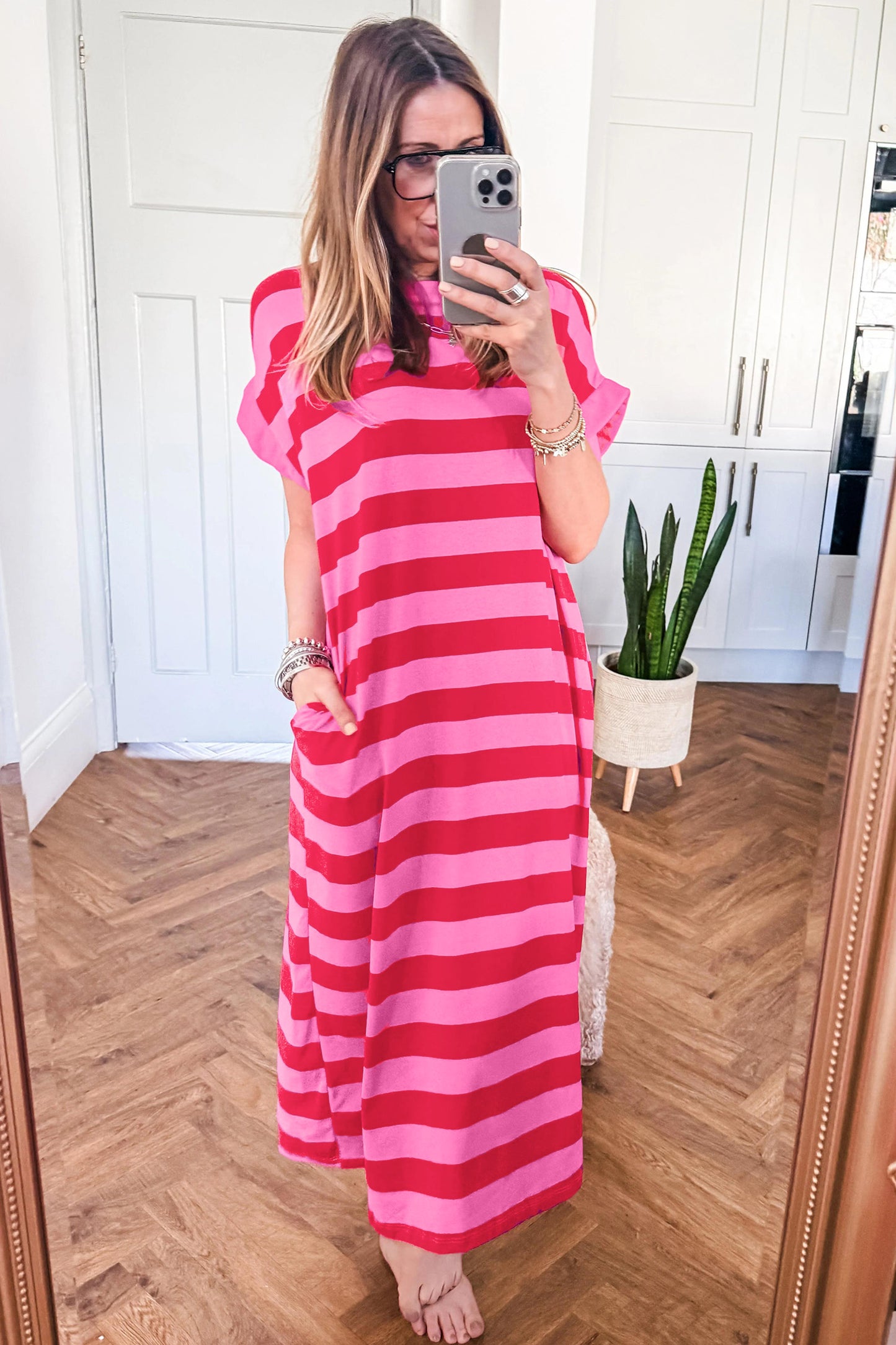 Orange Stripe Cuffed Short Sleeve Pocketed Casual T Shirt Long Dress
