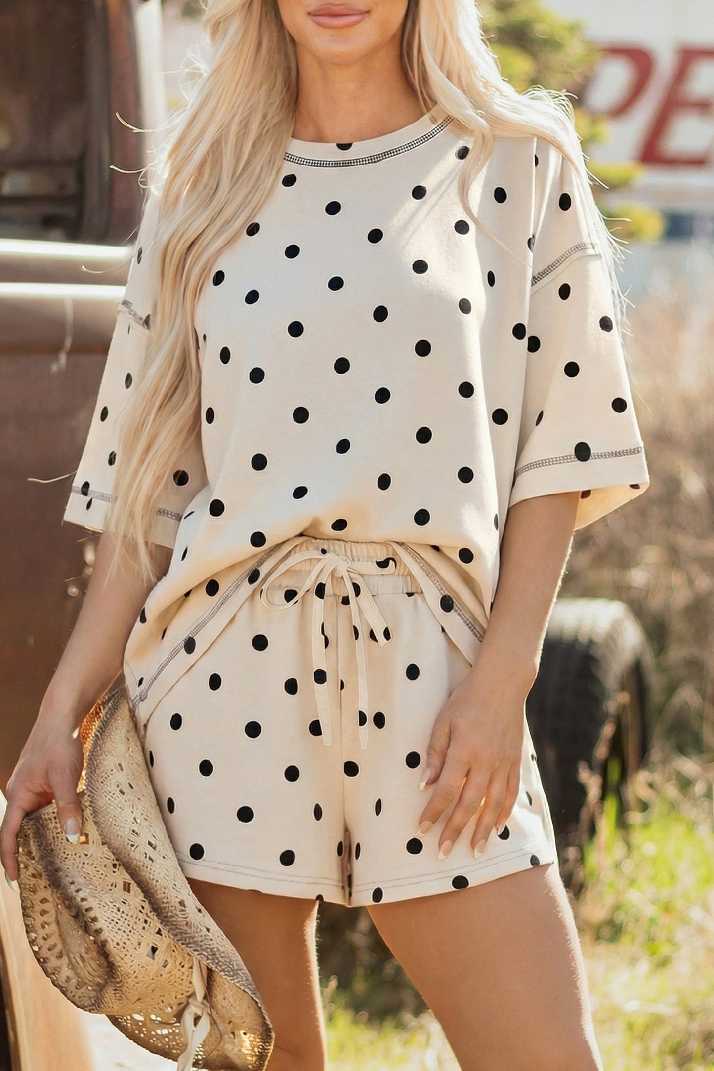 Yellow Exposed Seam Detail Polka Dot Loose Tee Drawstring Shorts Set