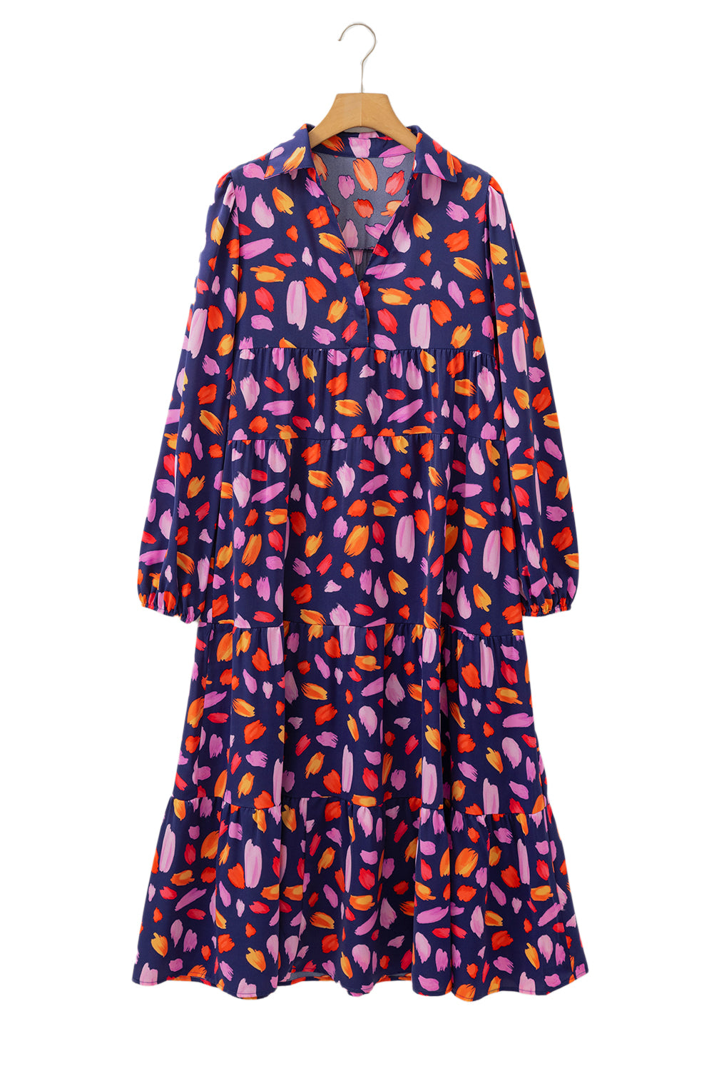 Blue Abstract Print Collared Tiered Flowy Maxi Dress