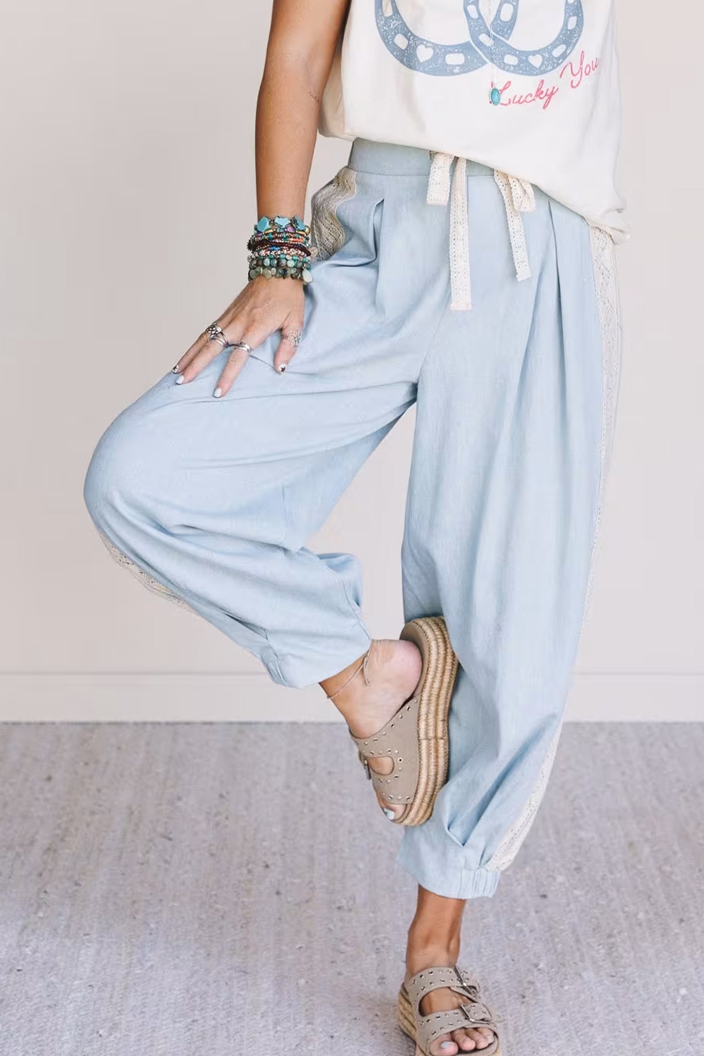Beau Blue Lace Accent Floral Patched Pocket Pleated Wide Leg Slouchy Pants