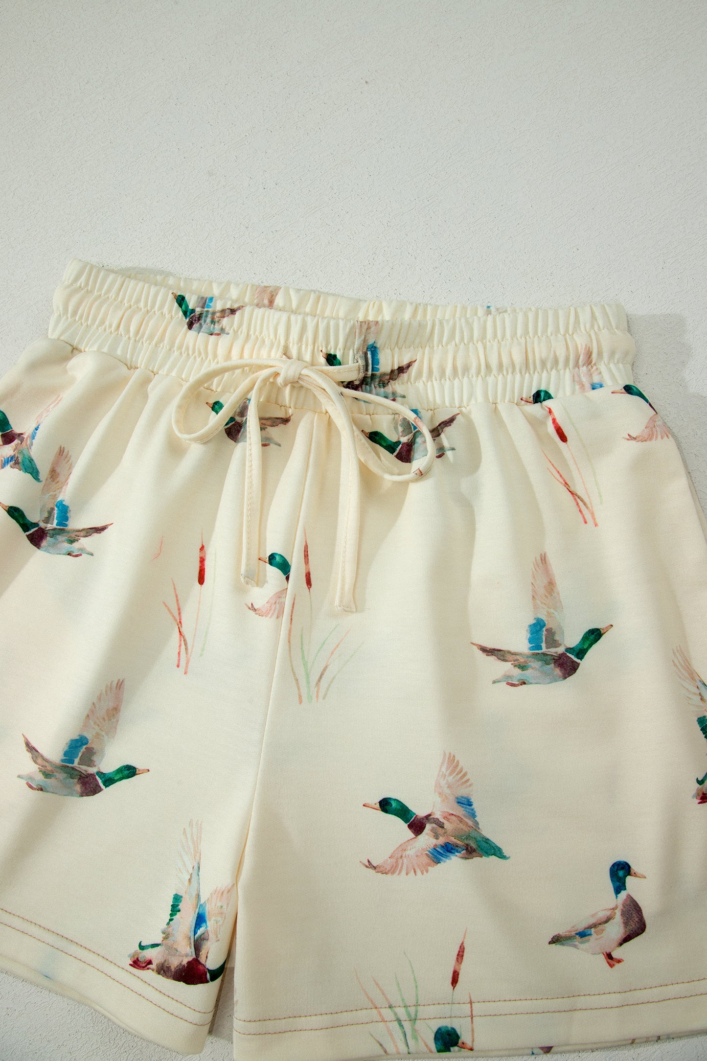 Beige Mallard Duck Print Oversized Tee Drawstring Short Set